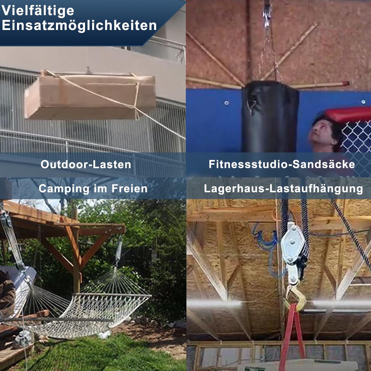 Schwerlast Flaschenzug 4-Fach mit Seilbremse, 1000 kg max., 20 m PP-Seil, Handseilzug 8:1 bis 2,5 m Hubhöhe