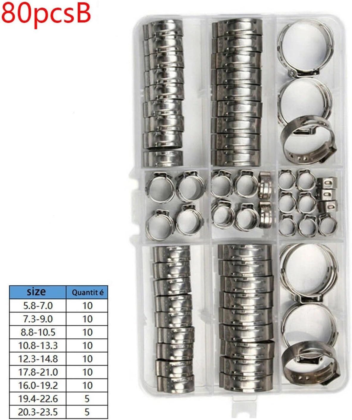 Hose clamp Stainless Steel Fixture Combination kit with 80 and 304 Pieces, Used for Fixing Crimping Clamping Rings of Pipelines