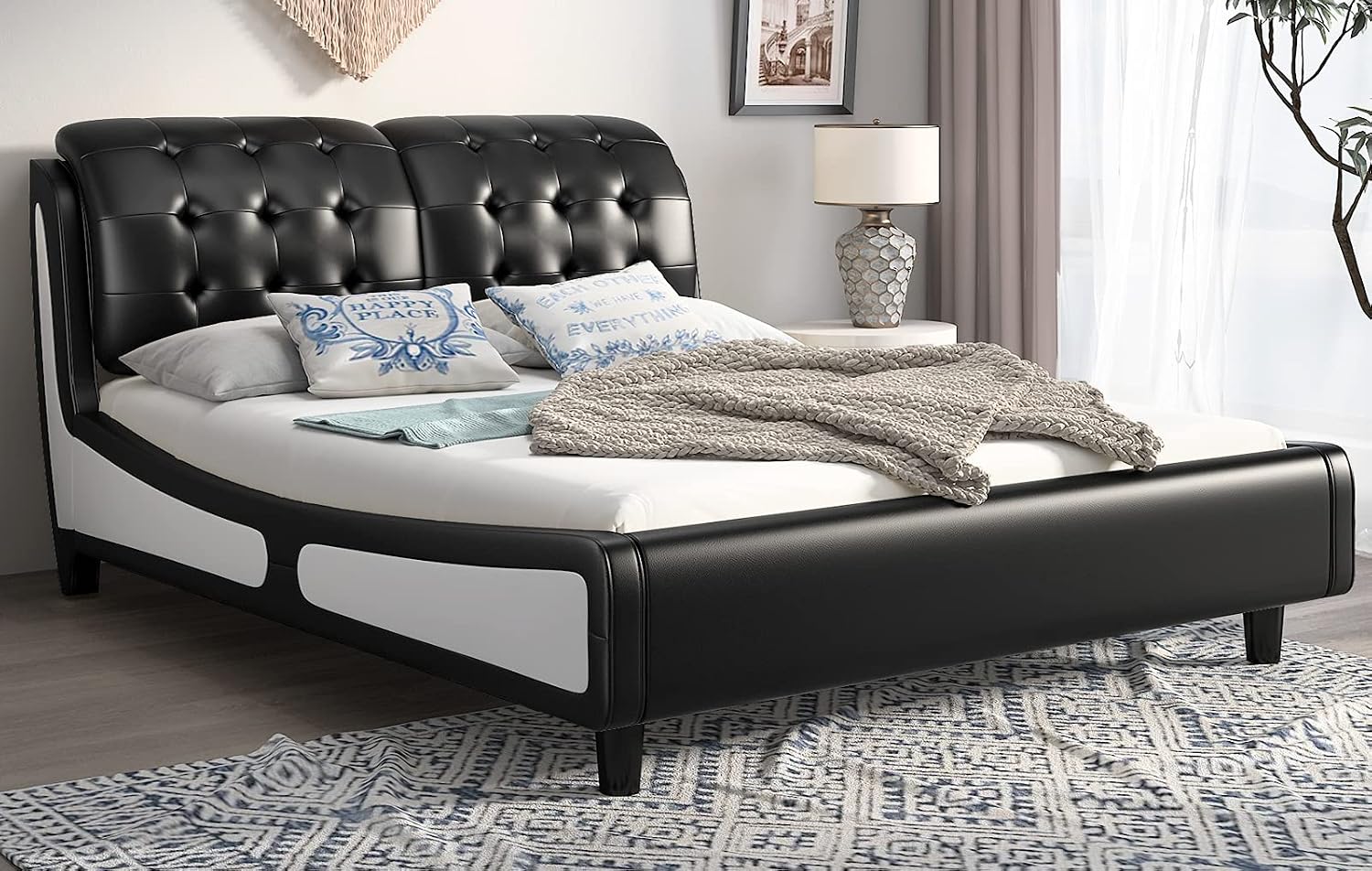 SHA CERLIN Queen Size Bed Frame Upholstered Platform with Tufted Sleigh Headboard, Curved headboard and Wood slats Support, No Box Spring Needed, Black and White