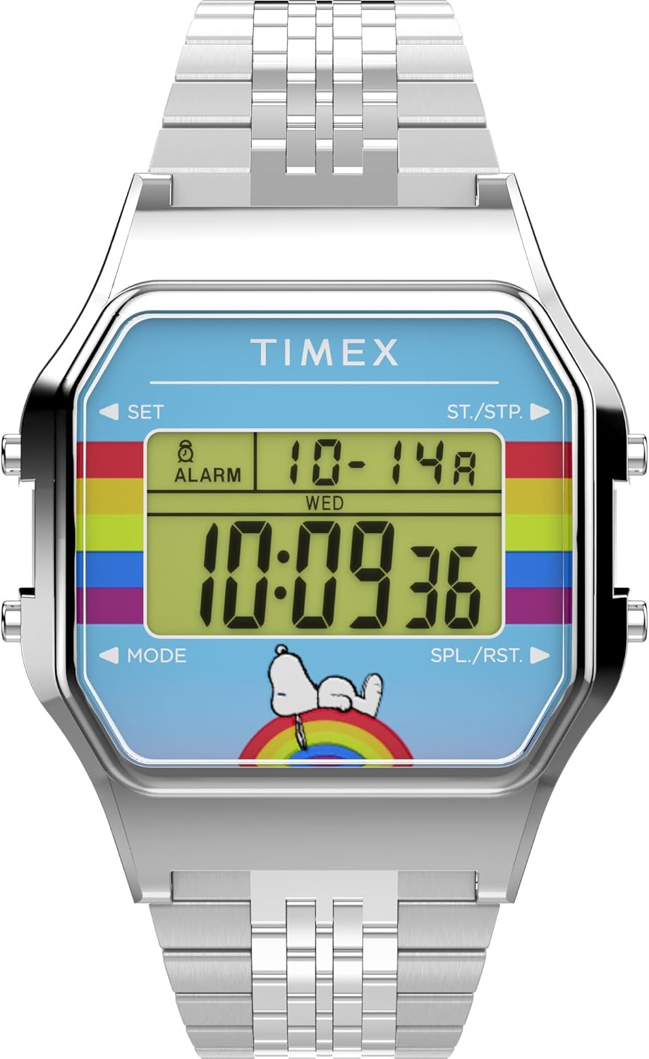 Timex Unisex Peanuts 80 Dream in Color 34mm Watch - Stainless Steel Bracelet Digital Dial Silver-Tone Case