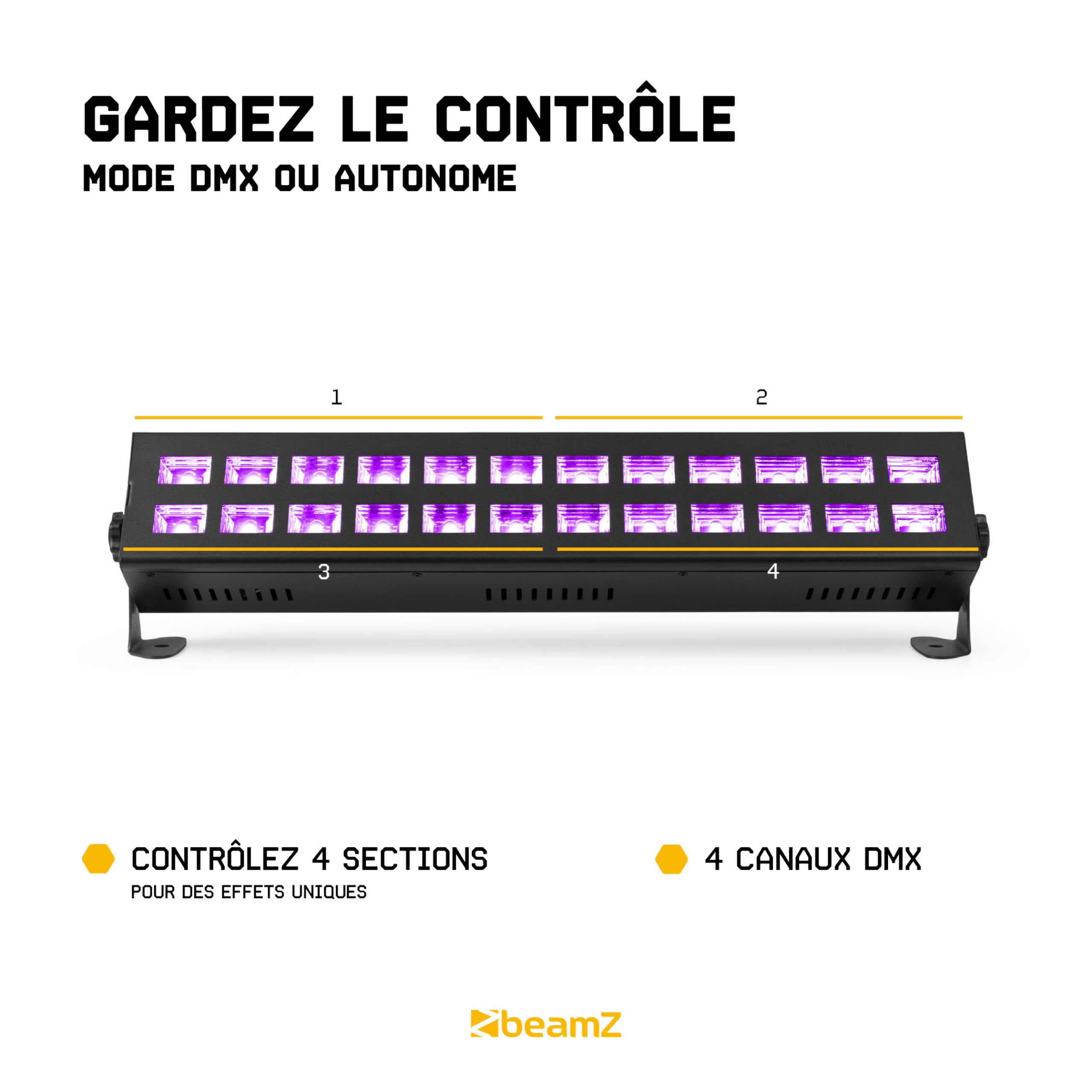 BeamZ BUV243 Barre LED Lumière Noire UV - 24 LEDs, Soirée Fluo/Halloween, DMX, Fixation Mur et Plafond, Effet Stroboscope, Idéale pour les DJs Mobiles, Bowlings, Soirées Halloween