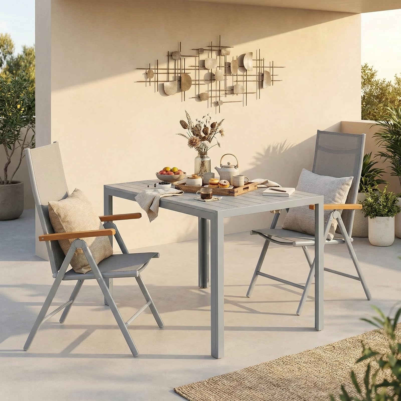 LIFERUN Juego de Muebles de Jardín 3 Piezas Aluminio, Mesa WPC 110x70 cm + 2 Sillas Plegables con Respaldo Alto, Muebles de Exterior Resistentes a la Intemperie para Terraza y Balcón,Gris Completo