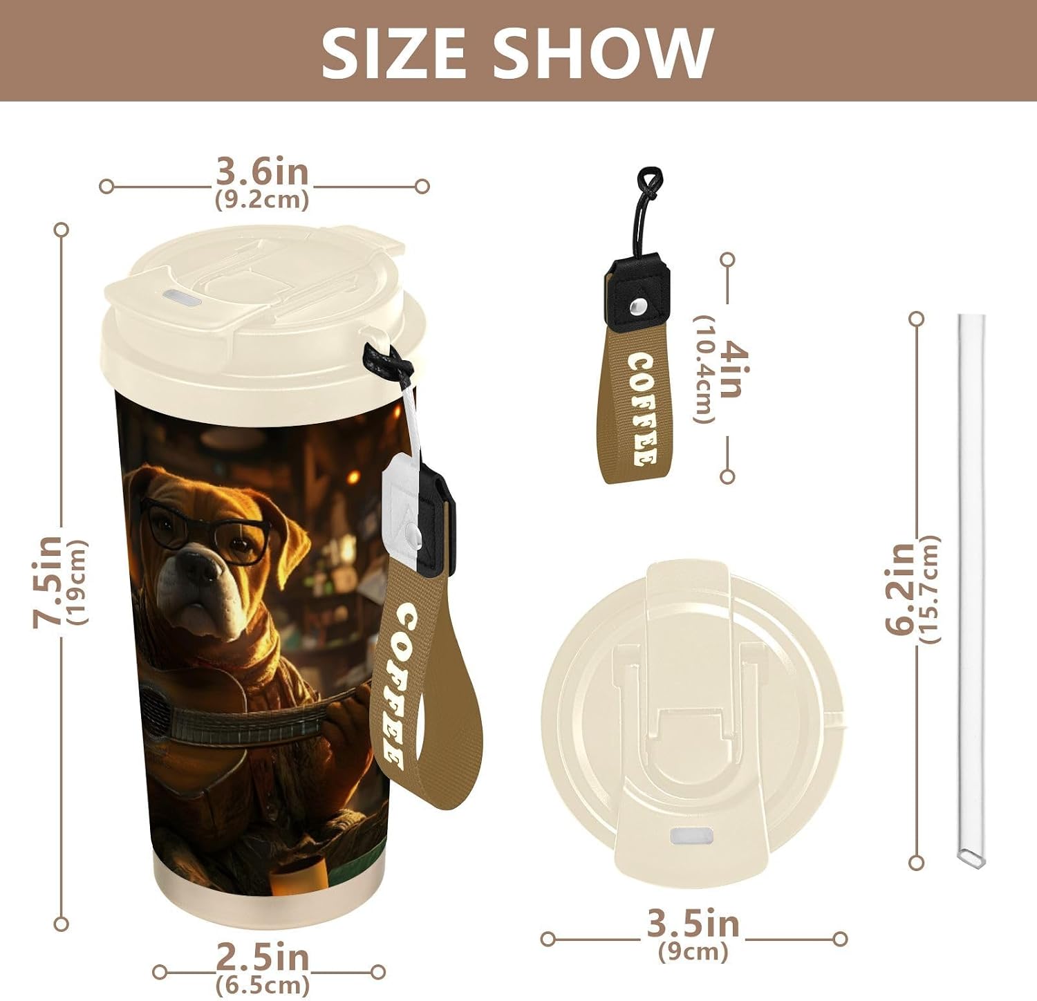 Pugdog Guitar Insulated Coffee Mug with Straw & Flip Lid, 16.9oz Iced Tumbler Cup, Double Wall Vacuum Mug for Travel Office