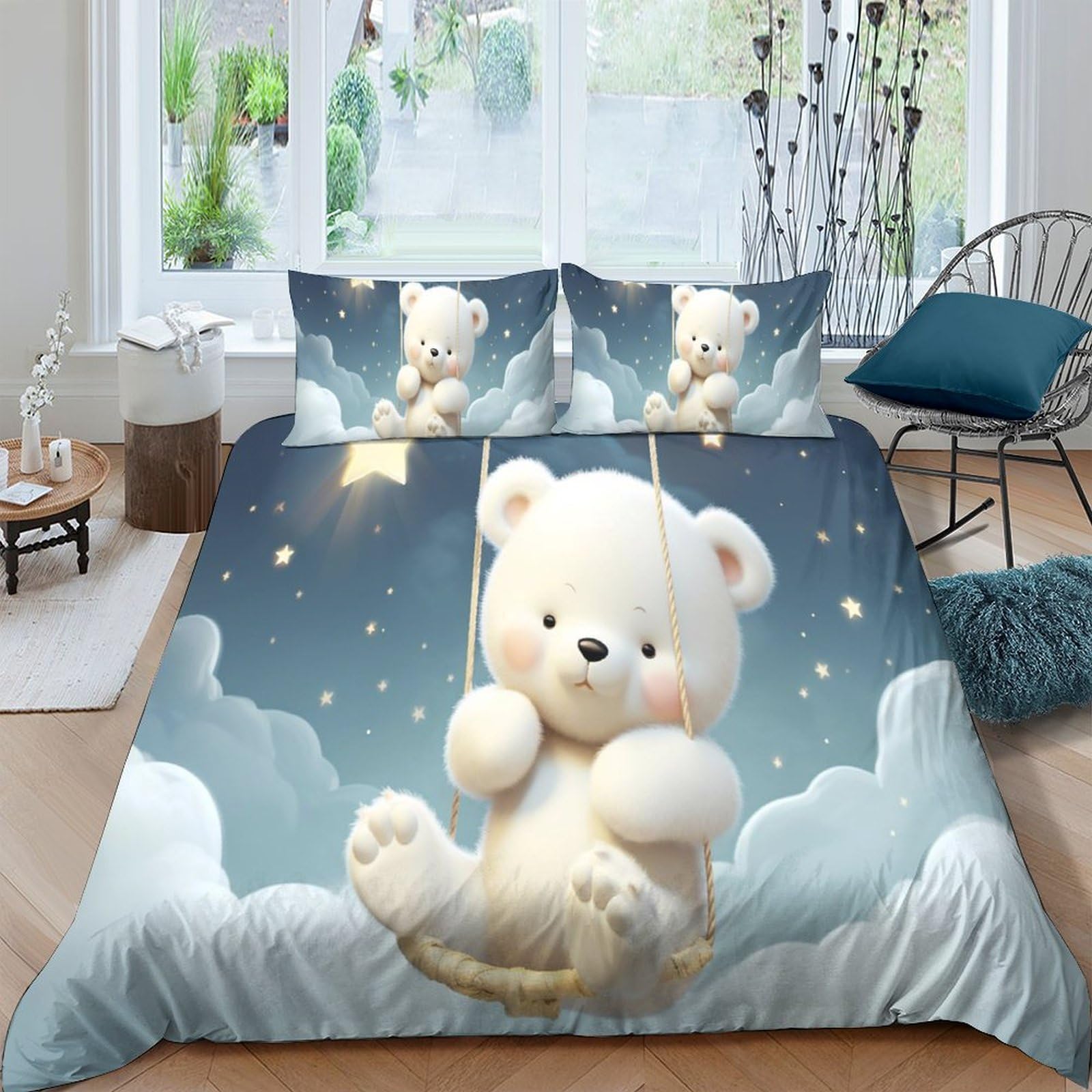 Ctjqhvkz Style-8 3D Printed Cute Bear Fitted Sheet Microfiber Soft Sky Cloud Bed Cover For Bedroom Guest Room Decor Protection Single（135X200cm）