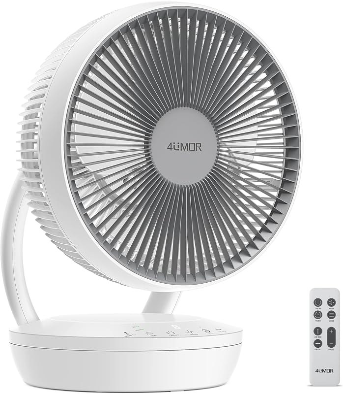 4UMOR Csendes Asztali Ventilátor 20dB, 8 Sebességgel, Időzítővel és Légkeringető Funkcióval - White, Modern and compact