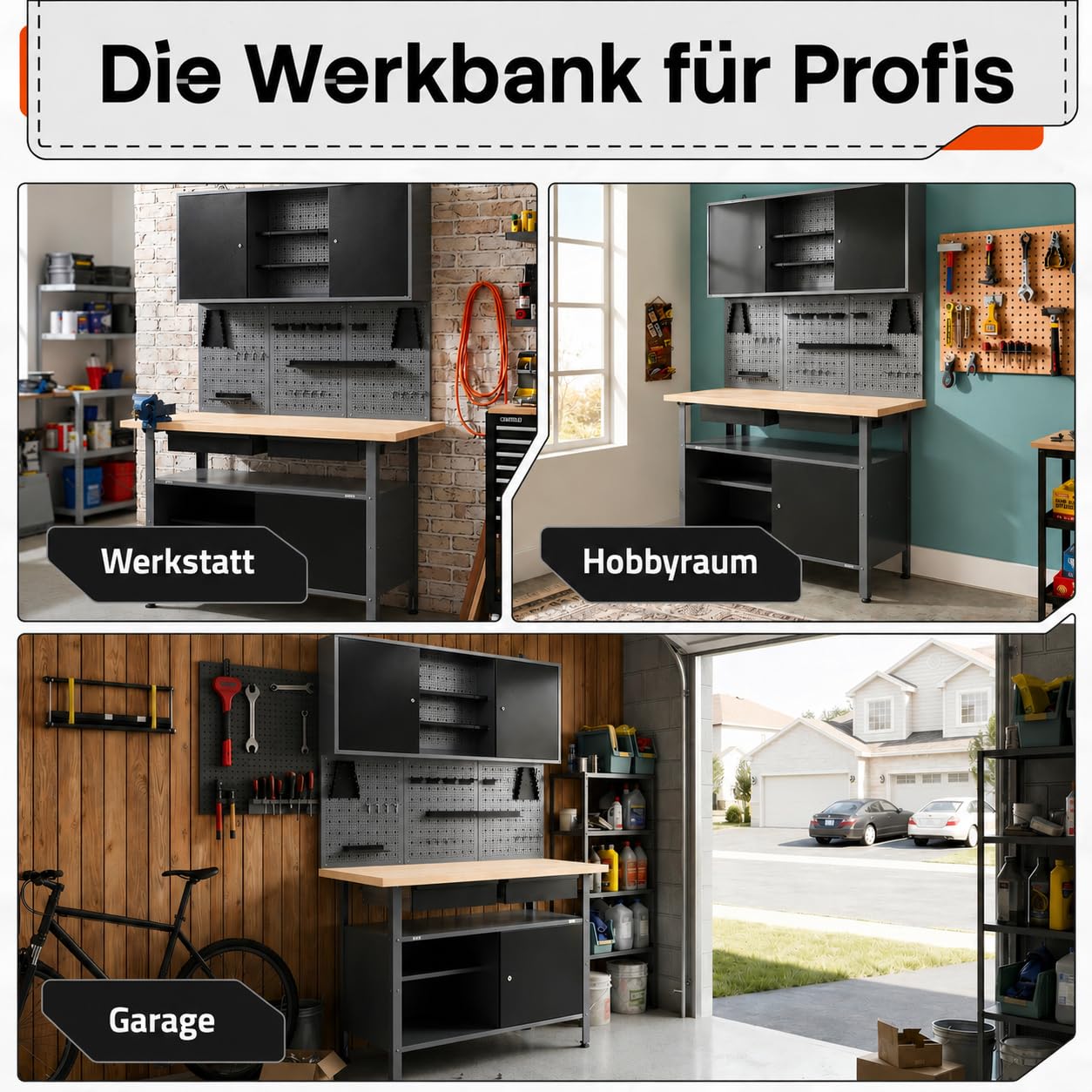 Ondis24 Werkstatteinrichtung Werkstatt Set Werkbank Fritz Hängeschrank Werkzeugwand Metall Schwarz Grau (Hängeschrank Kurt, 120 cm), mit Buchenholzplatte