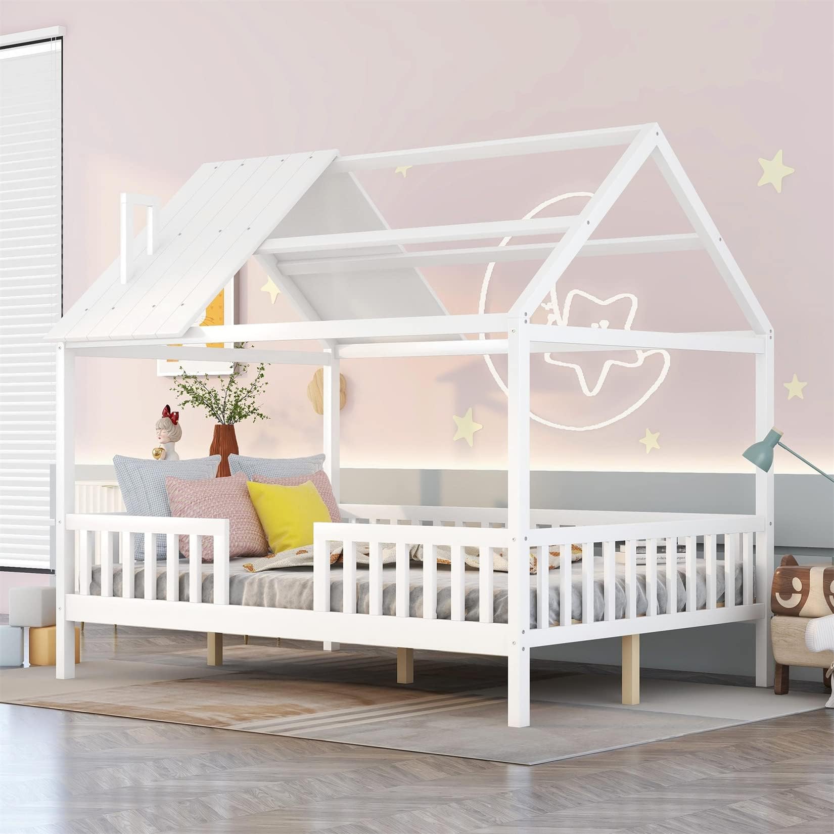 Full House Beds with Rails Wood Montessori Bed Frame Kids White Cabin Bed for Children Boys Girls Teens, Full Size