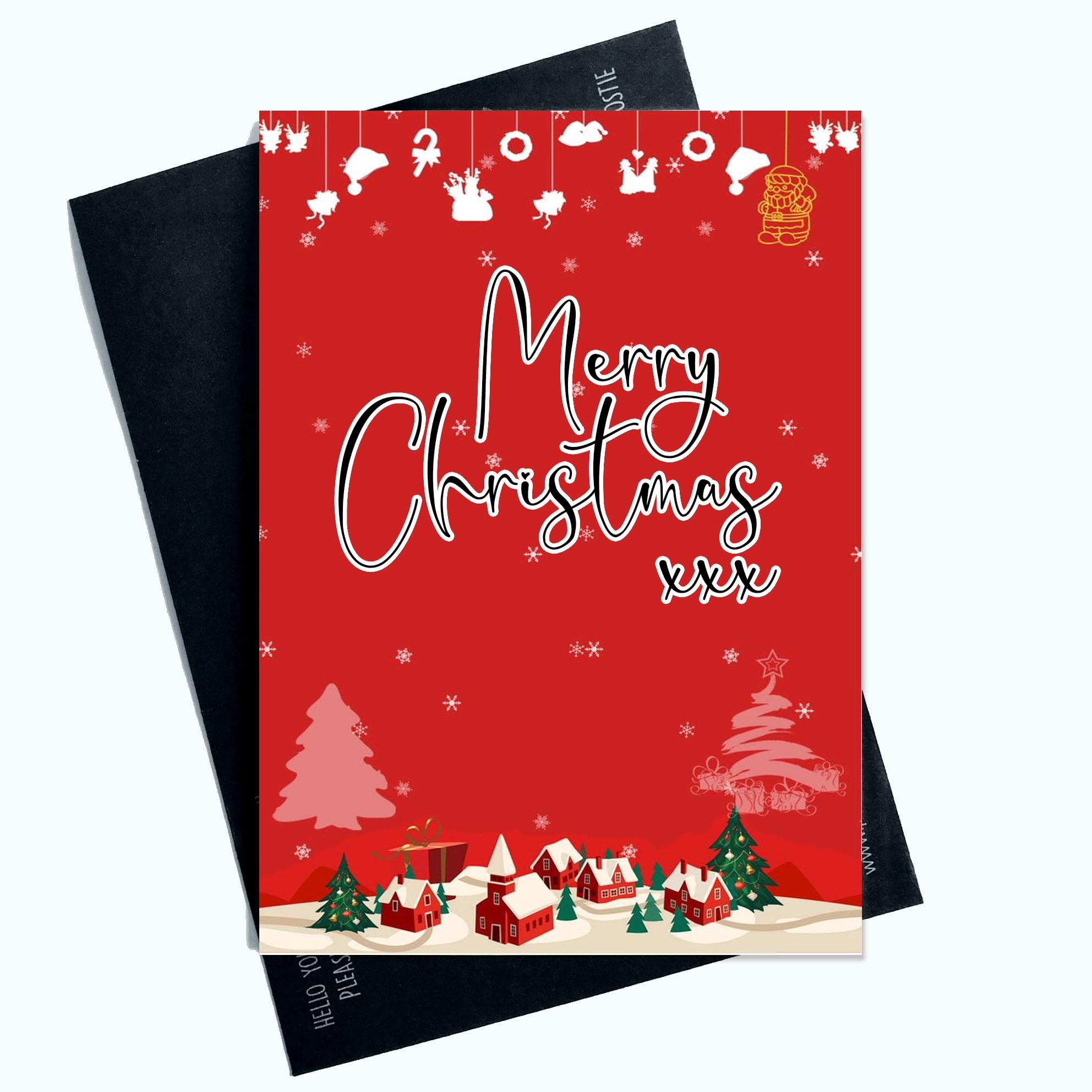 Merry Christmas Greeting Card Festive Red Background with Charming Houses and Christmas Scene Perfect Holiday Wishes for a Joyful Celebration SP144