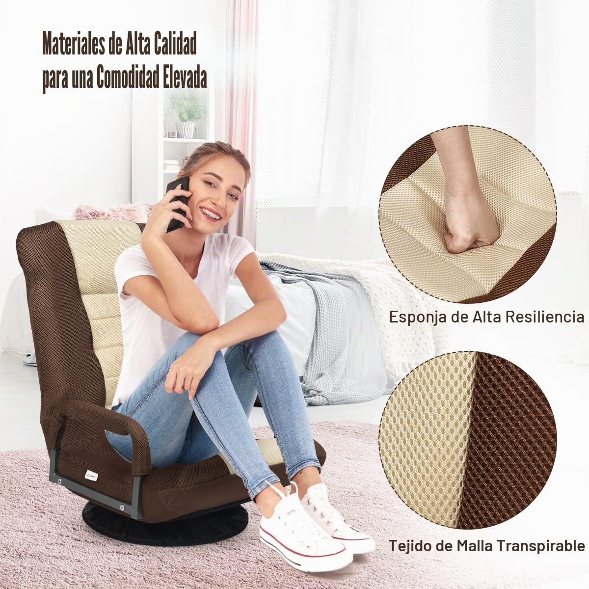GOPLUS Sillón Relax Plegable Giratorio 360° | Silla Perezosa con Respaldo Ajustable en 5 Posiciones, Reposabrazos, 85 x 75 x 55 cm, Carga 120 kg (Marrón)