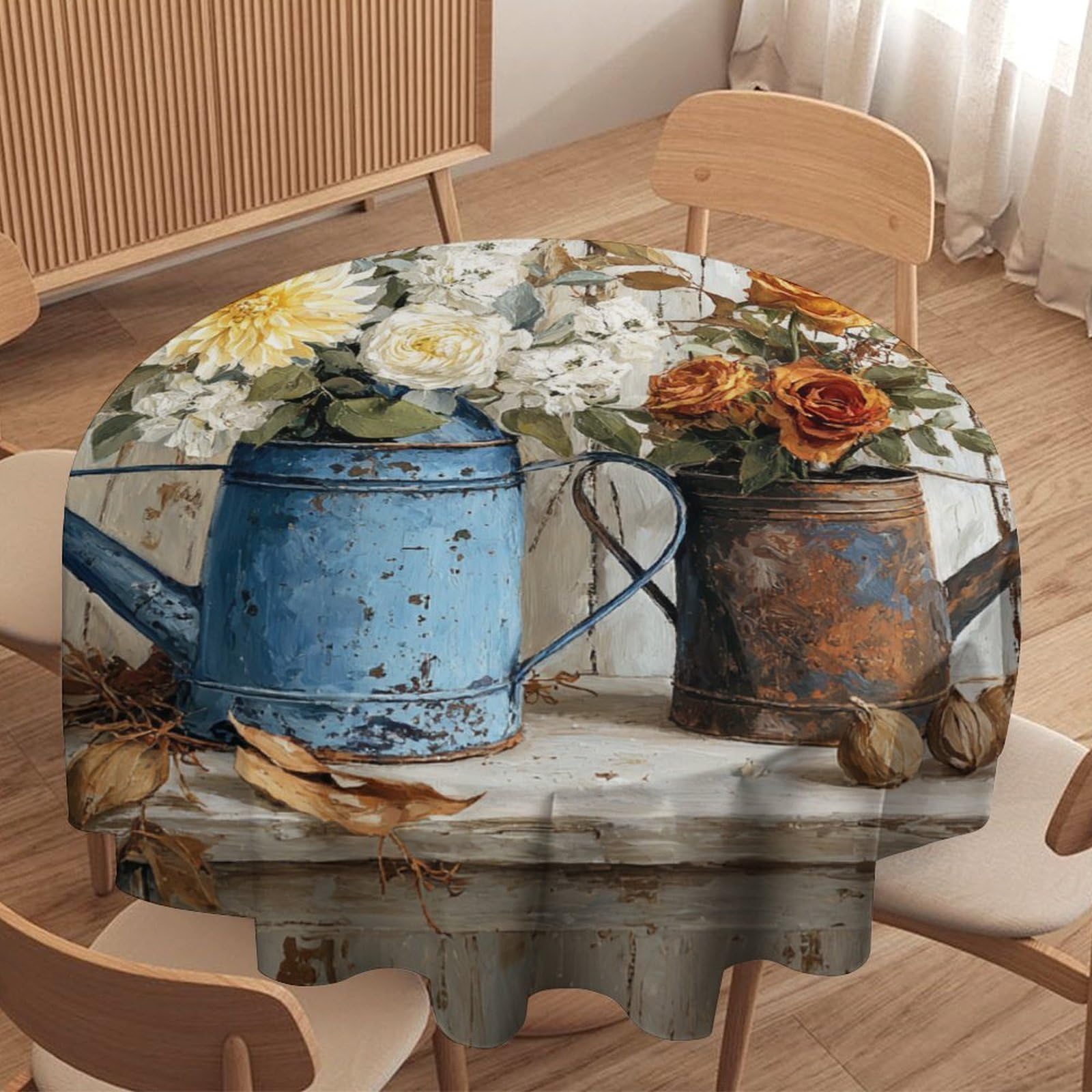 LUYYSKY Rustic Watercolor Floral Pattern Round Tablecloth Vintage Realistic Wooden Board Botanical Plant Flowers Washable Decor for Table Cover for Kitchen-91.4" Wx91.4 L cm