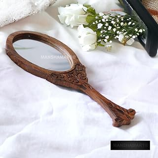 MANSHAMART® Wooden Handheld Mirror - Oval Shape Wooden Home Decorative Mirror for Makeup, Table Top and Hand Mount Price In India