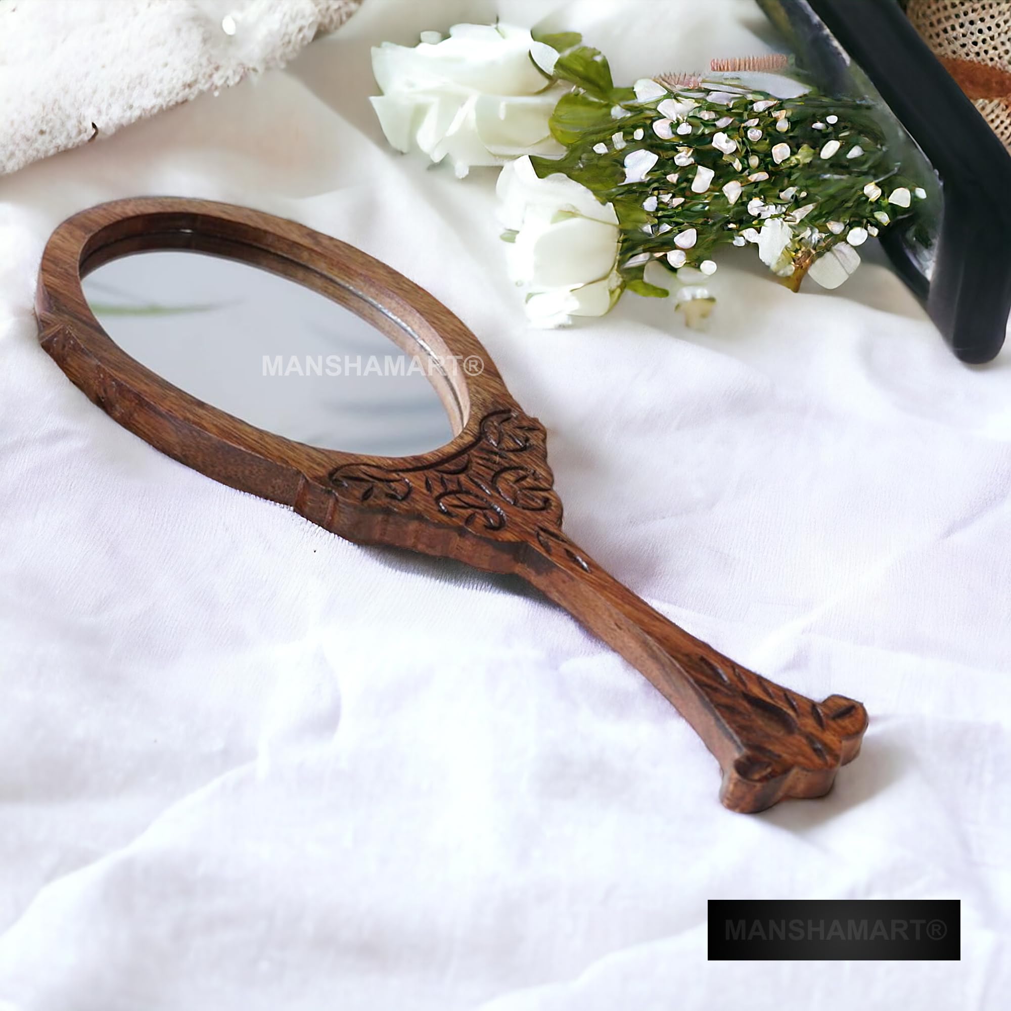 MANSHAMART® Wooden Handheld Mirror Wooden Home Decortive Mirror Oval Shape Wooden Hand Mirror for Makeup,Table top and Hand Mount-image-26
