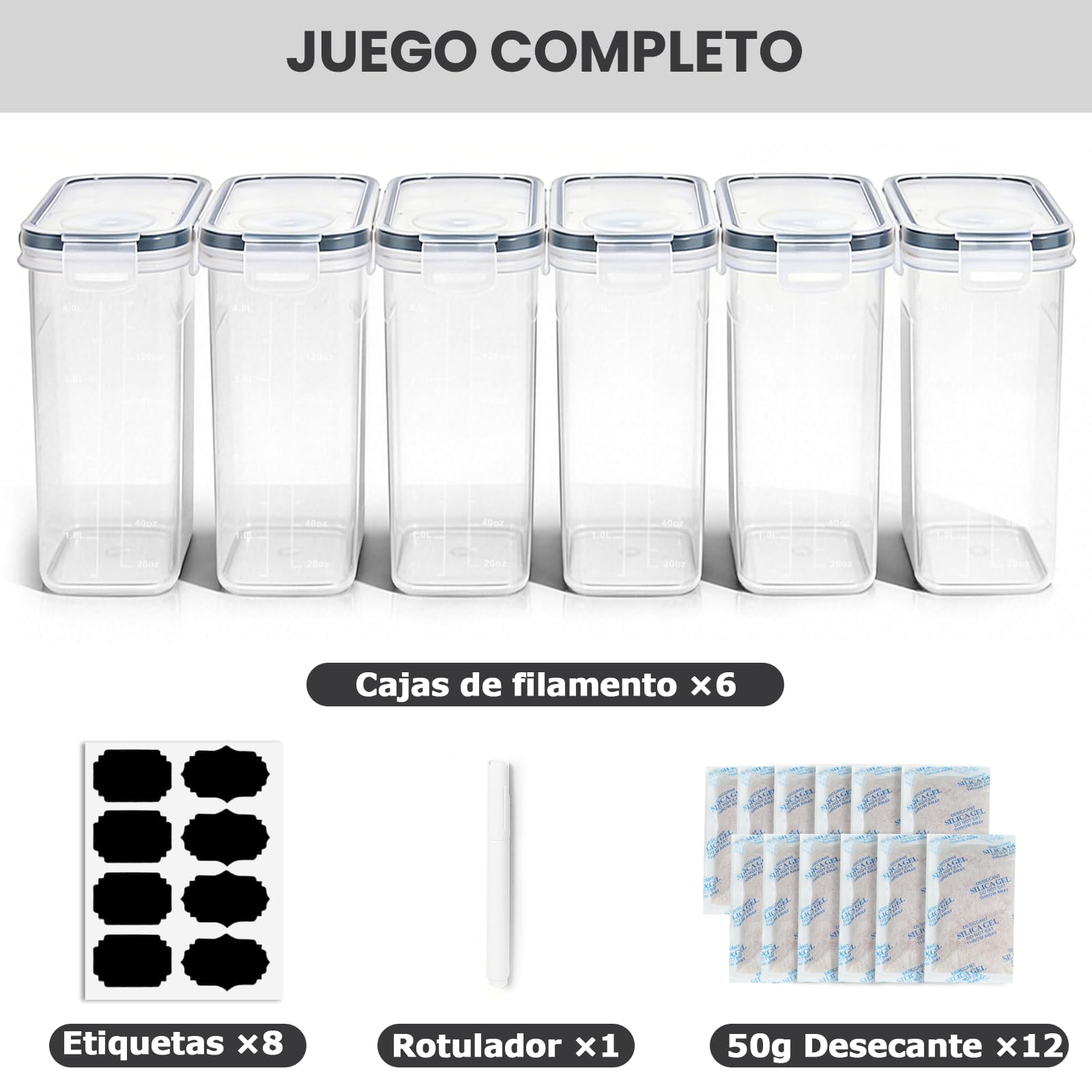 Caja de almacenamiento de filamentos, 6 unidades, caja de filamentos para impresión 3D, sellado y protección, resistente al agua y al polvo, con desecante y etiquetas, 4,0 L