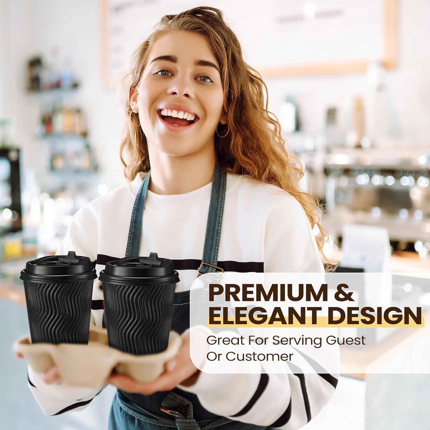 140 Set 8 oz Disposable Coffee Cups with Lid Insulated Corrugated Paper Hot Cup Bulk Ripple Wall Insulated Water Mug Suitable for Chocolate Cocoa, Juice, Drink(Wavy Pattern,Black) - Image 6