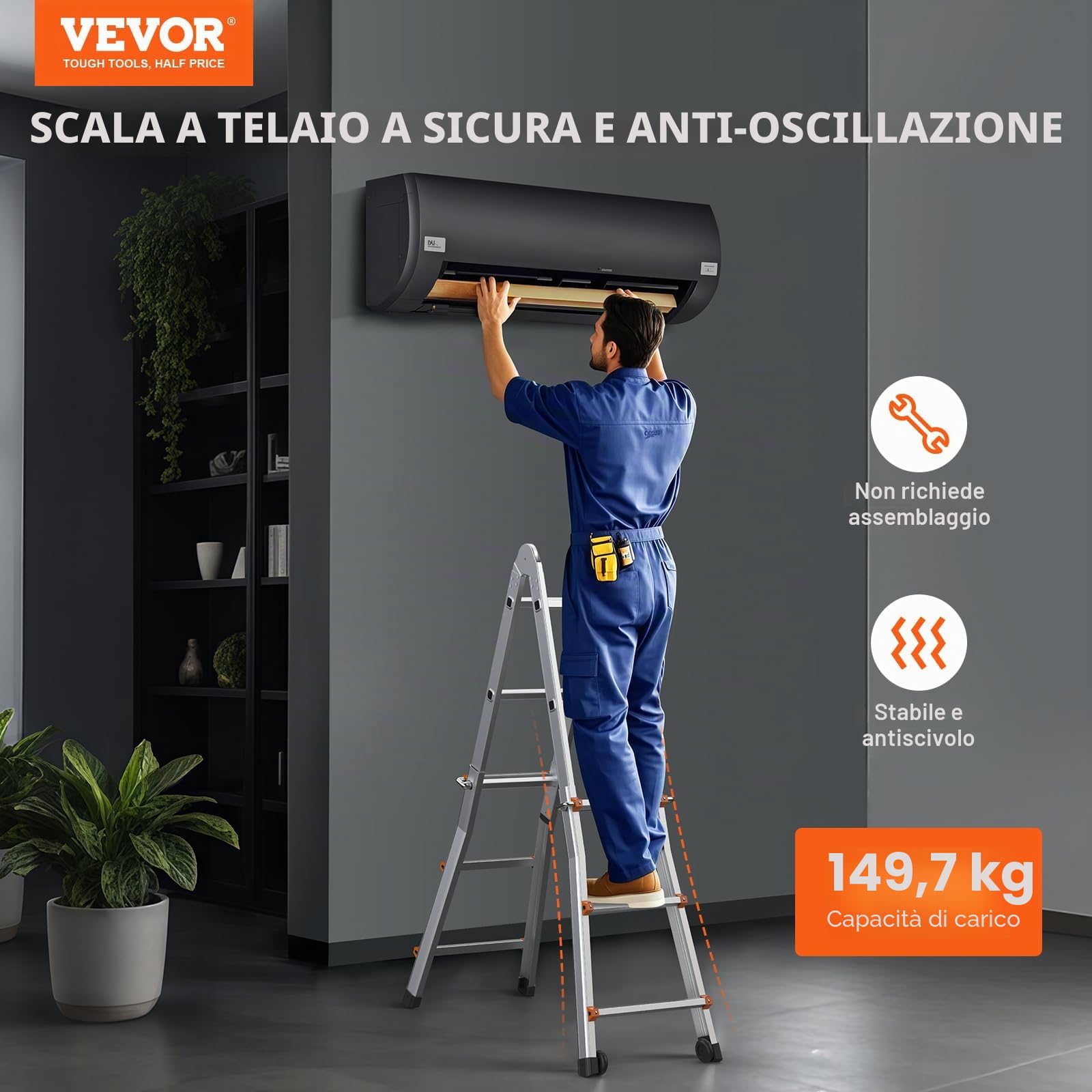 VEVOR Scala Telescopica con Telaio ad A 3350 mm Scala Estensibile Compatta in Alluminio, Scala Pieghevole Portatile Multifunzione per Camper, Scala Telescopica per Compiti, Capacità di Carico 149,7 kg