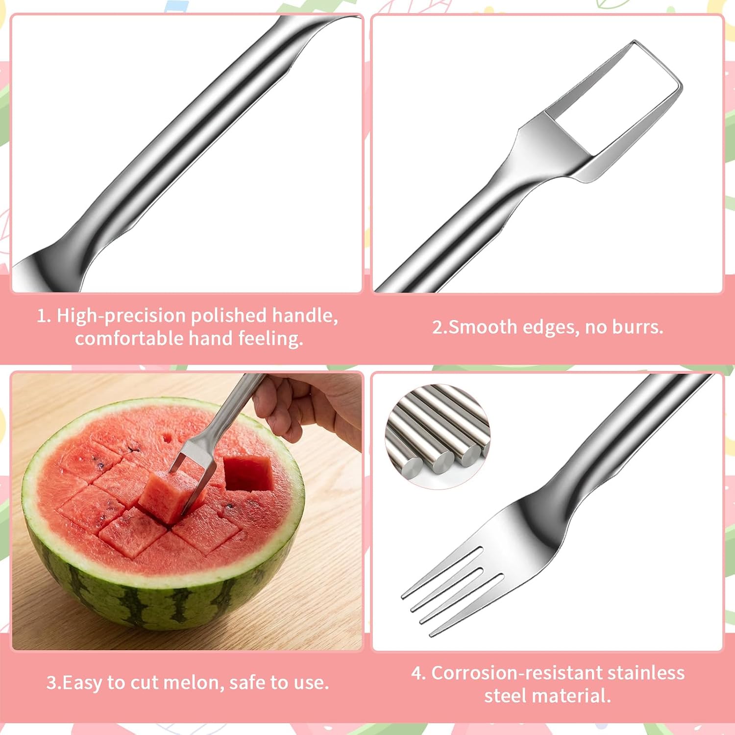 Watermelon Cutter, 2-in-1 Stainless Steel Fruit Watermelon Slicer Dual Head Watermelons Fork Slicer Tool, Summer Fruit Cutting Kitchen Gadget Portable Kitchen Tool for Home image 5