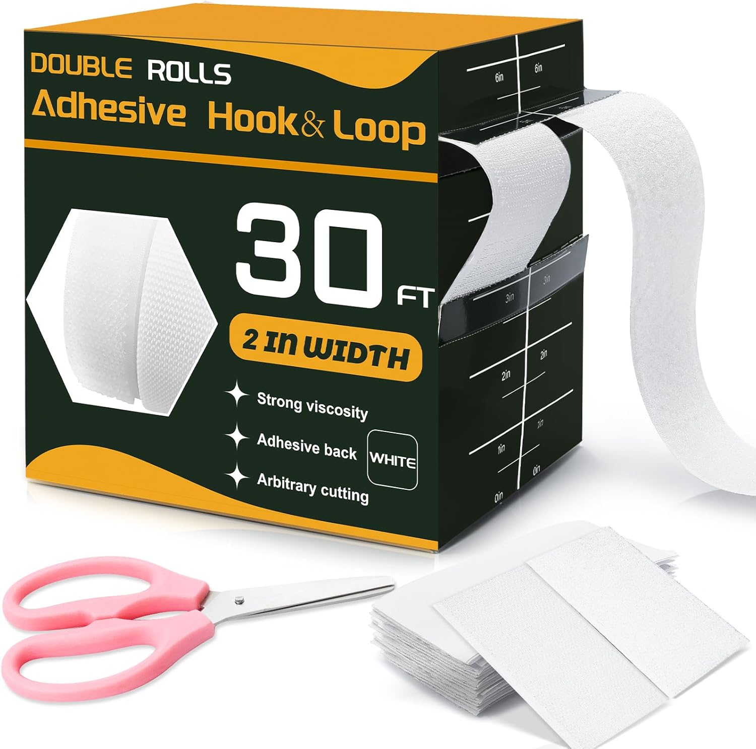 30 Ft×2 Inches Hook and Loop Tape, Strong Viscosity Adhesive Back Arbitrary Cutting, Sticky for Fabrics Nylon Self Adhesive Tape for Home Office School and Crafting, Reuse 2 Rolls Black and A Scissors