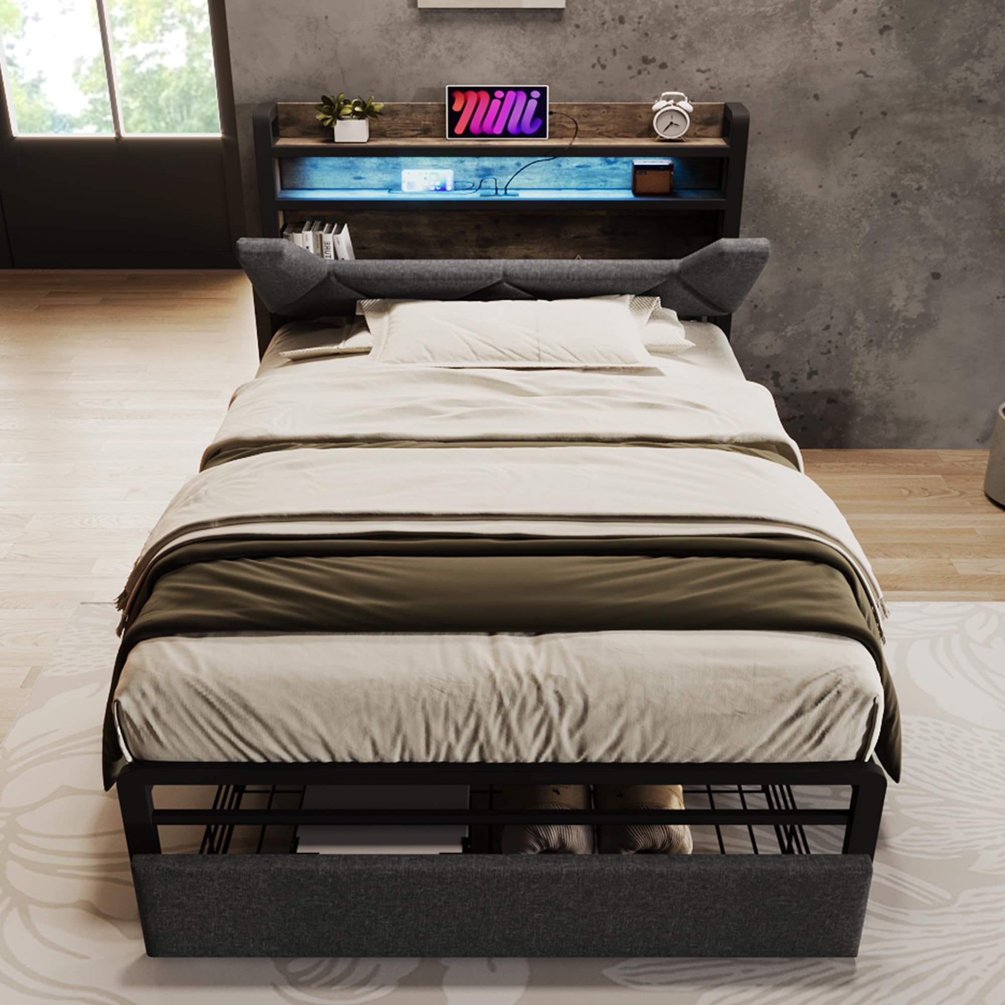 Einzelbettgestell Mit Stauraum, LED-Lichtern & USB-Ladestation – 91 Cm, Schwarz, Metallrahmen Mit Kopfteilablage