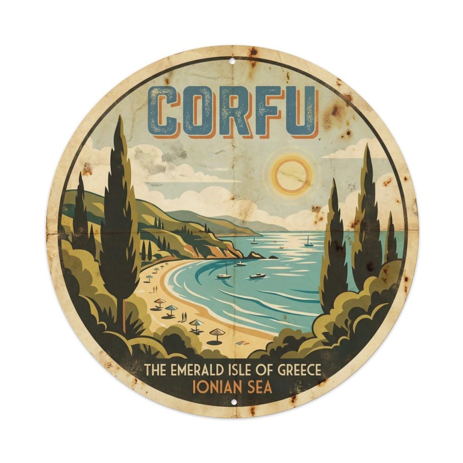 Olyhtr 8X8inch Classic Style Corfu City Mediterranean Island Vintage Travel Metal Tin Sign