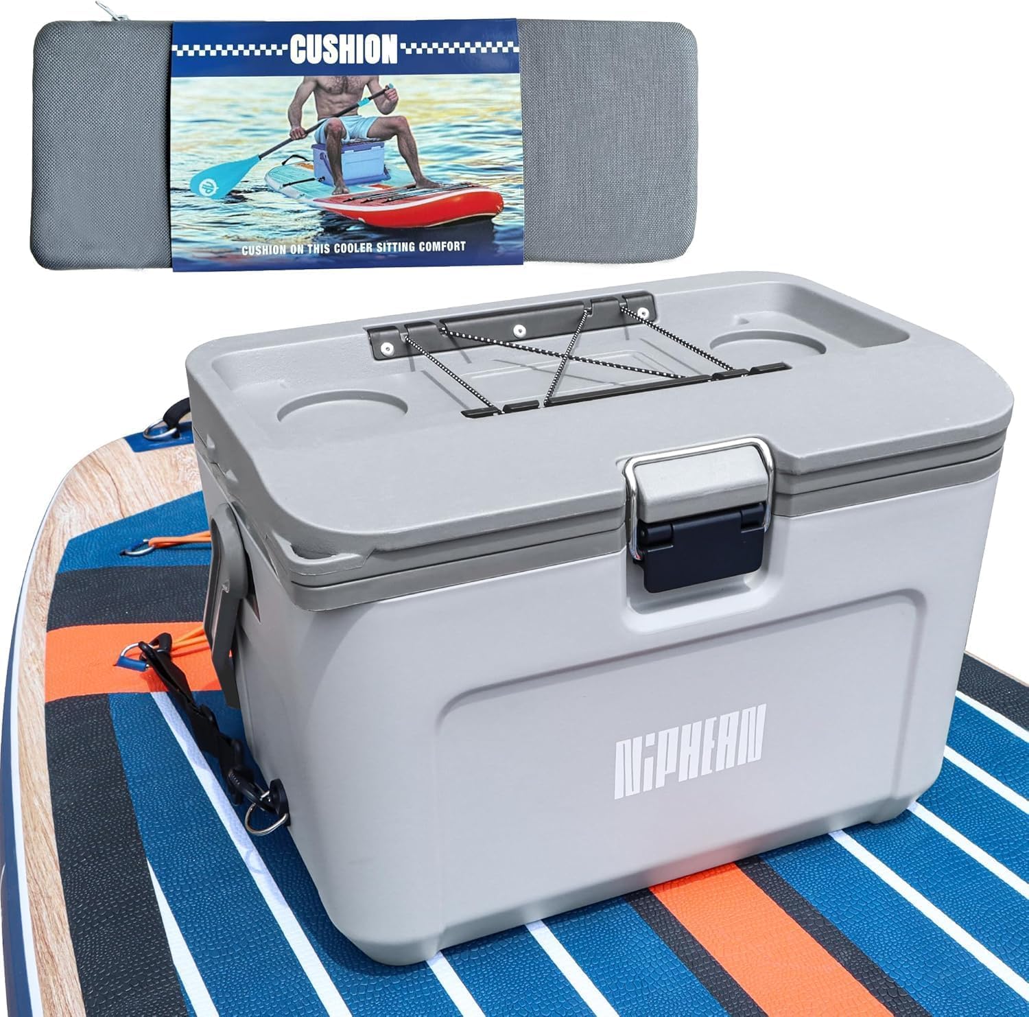 Niphean Caja térmica de tabla de remo aislada de 4 capas, 60 horas de retención de hielo, asiento convertible en tabla de remo con anillo en D, enfriador rígido de kayak de 15 litros para camping