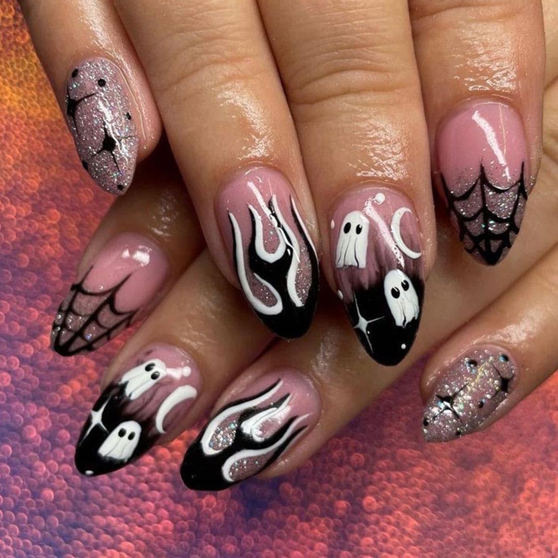 Danshinbow 24PCS Halloween Press on Nails Almond Fake Nails Black Pink Pumpkin Ghost Spider Web Design Cute Cosplay False Nails Glossy And Full Cover Acrylic Nails for Women (Pink C
