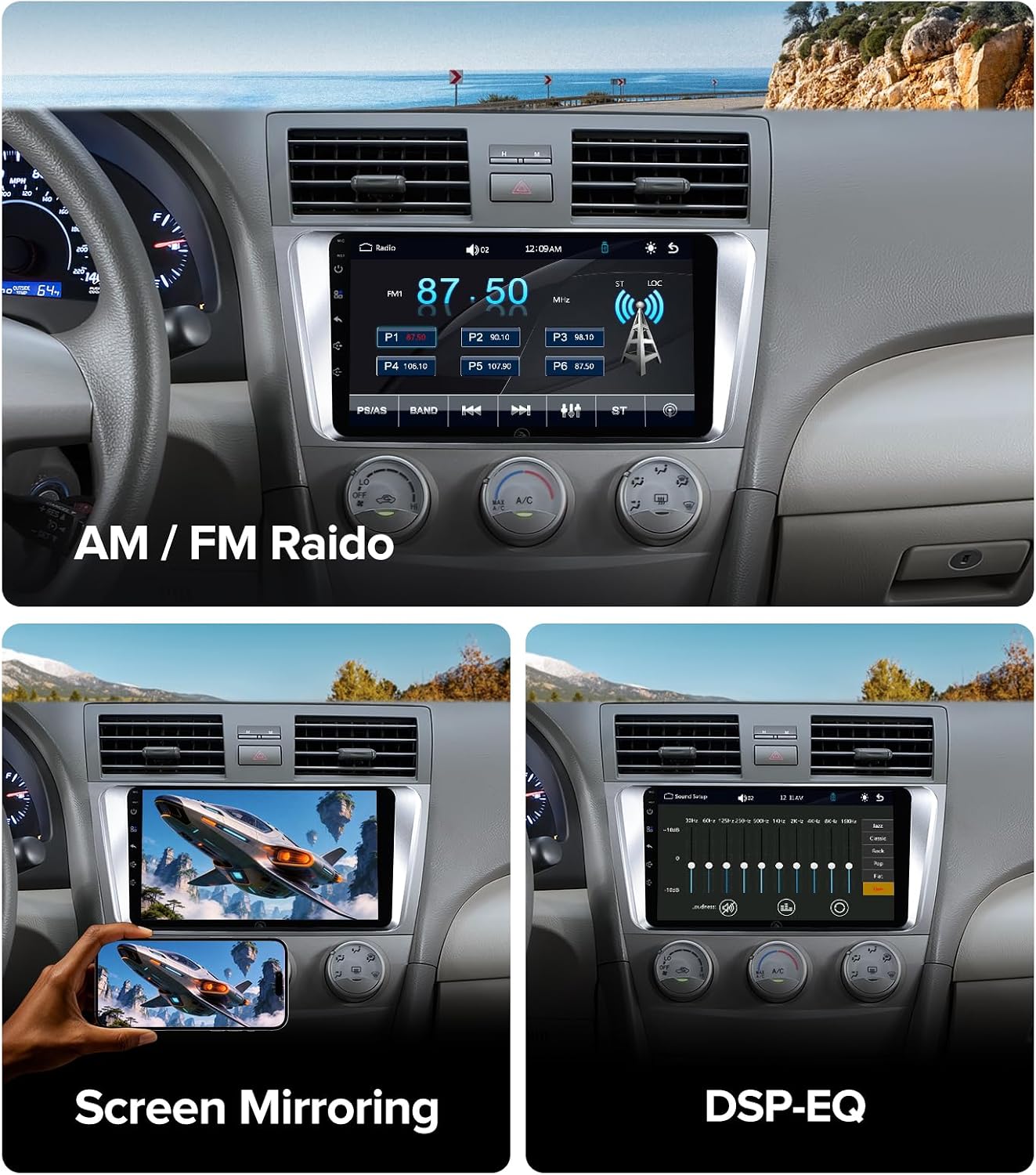 QLED Linux Car Stereo for Toyota Camry 2007-2011, Wireless Apple CarPlay & Android Auto Touch Screen Radio, Plug and Play Dash Kit Replacement with AHD 1080P Backup Camera, Bluetooth, SWC, AM/FM
