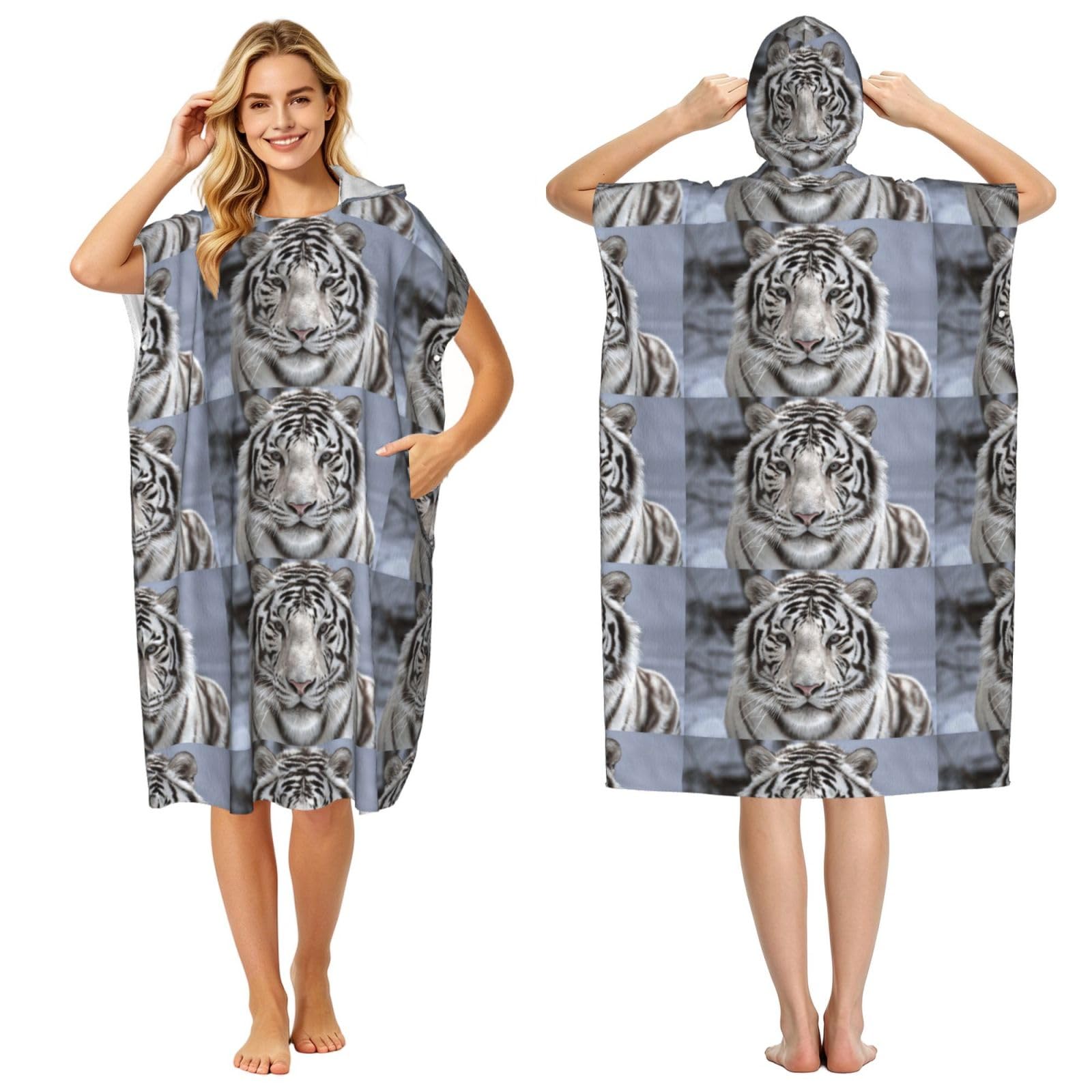 Poadnly White Tiger, Adult Hooded Beach Towel 90 x 110 cm,Changing Bath Robe, Surf Poncho Towel For Women Men