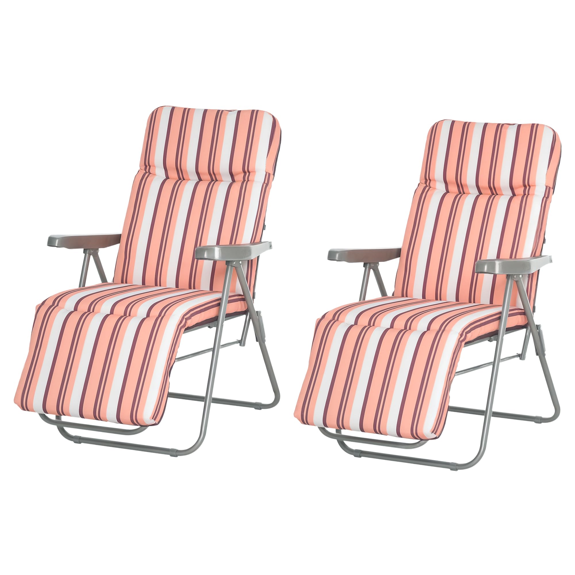 Outsunny Conjunto de 2 Tumbonas Plegables Tumbonas de Jardín de Acero con Cojín Acolchado Respaldo Regulable en 5 Posiciones y Reposapiés 60x75x65-102 cm Rayas Naranja