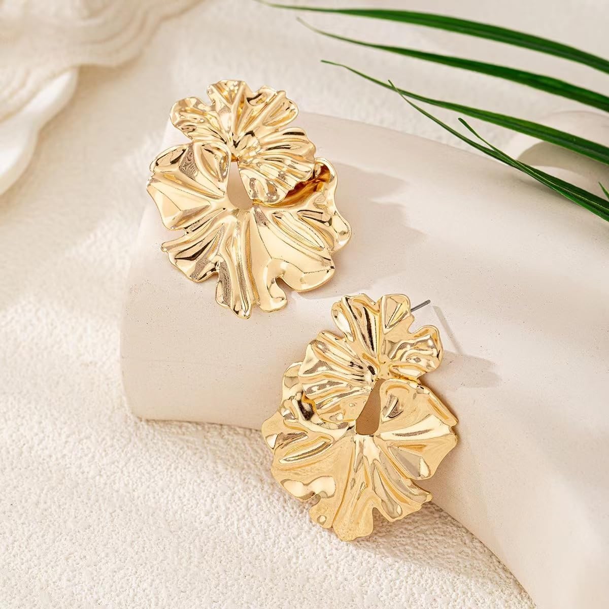 14K Gold Flower Earrings Double Flower Gold Statement Earrings for Women, Hypoallergenic Gold Floral Earrings Large Gold Earrings for Women Boho Jewelry Gift - Image 2
