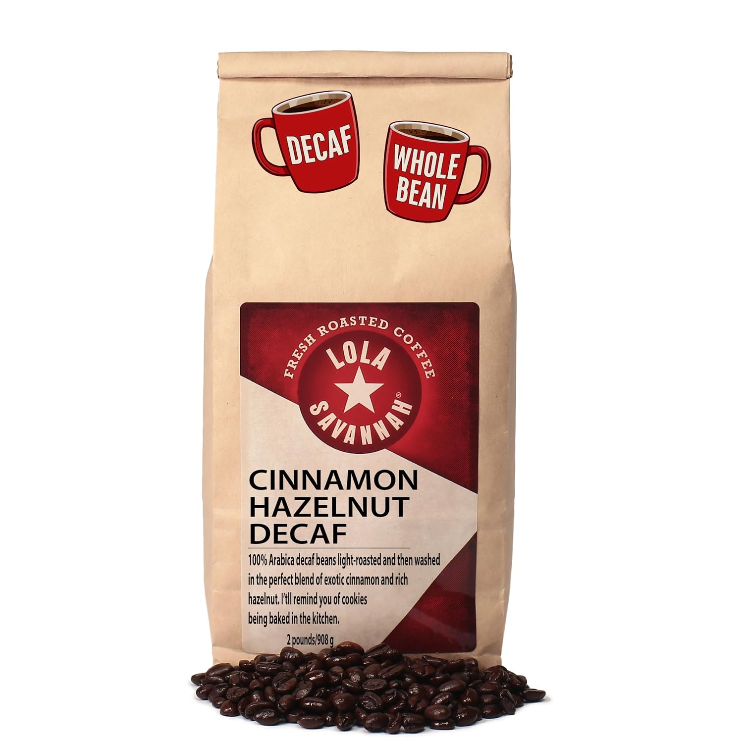 Lola Savannah Cinnamon Hazelnut Whole Bean Decaf Coffee, 2lb