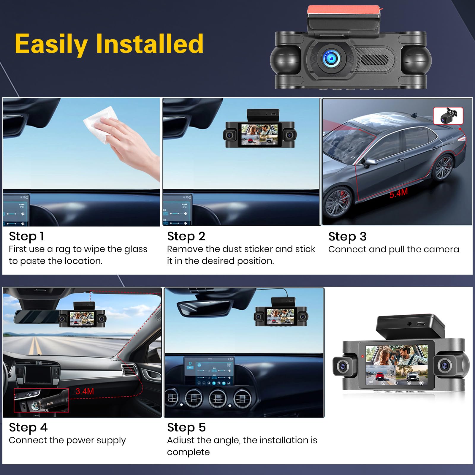 Hikity 2K WiFi Dashcam 4 Dashcam con Pantalla IPS G-Sensor Tarjeta TF 64G | IPS Dashcam con Coche Control APP Ángulo 360° Modo Aparcamiento 24H Grabación Continua Cámara de Coche Visión Nocturna