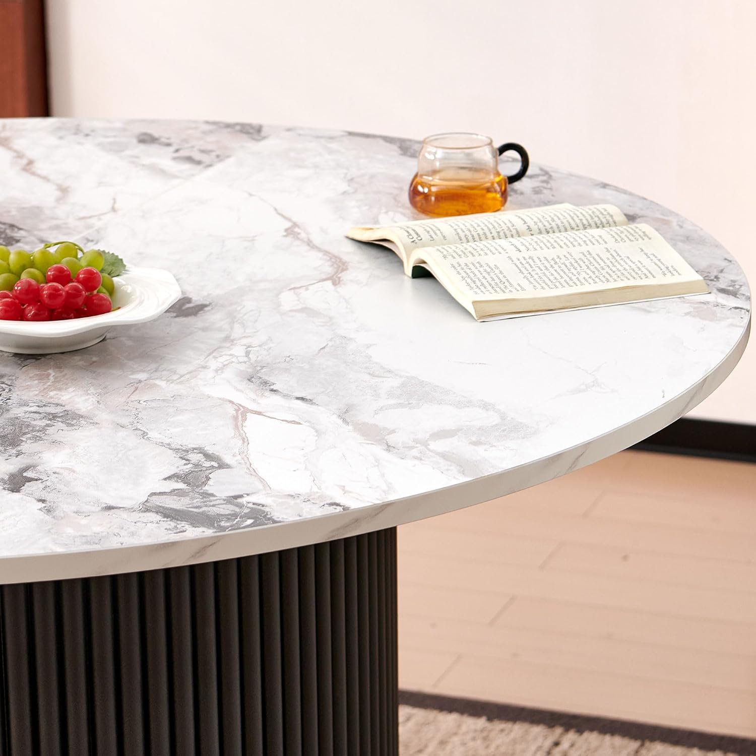 Modern Round Kitchen Table for 4, 47" White Dining Table, Circle Dining Room Table, Dinner Coffee Table with White Marble Effect Tabletop, Wood Strips Pedestal Base for Living Room