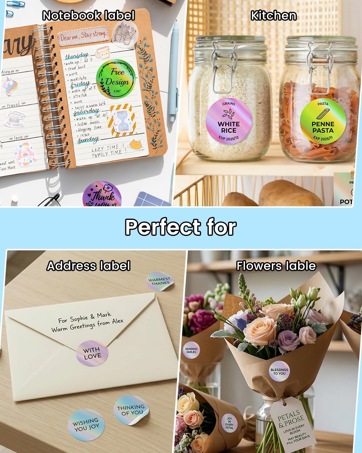 4 Color Circle Holographic Thermal Labels, Self-Adhesive Waterproof Direct Thermal Stickers for DIY Logo, QR Code, Compatible with MUNBYN, JADENS, NeIko, 400 PCS/Roll