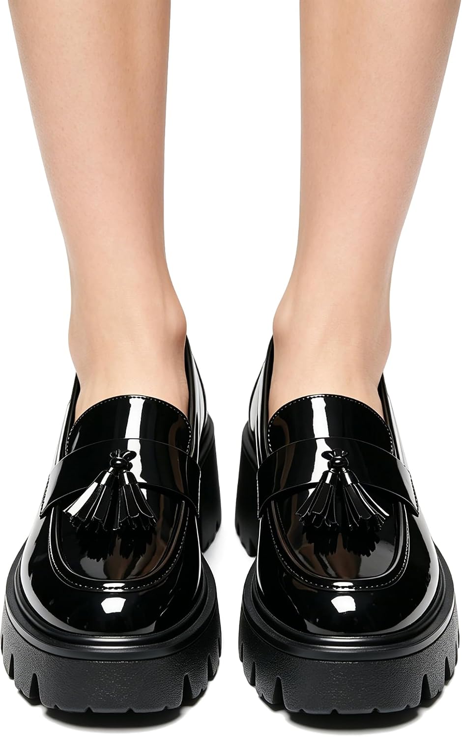 Women's Tassel Platform Loafers, Round Toe Chunky Heel Lug Sole Slip On, Patent Leather All-Day Comfort Black Shoes for Business Casual Office Dressy Work