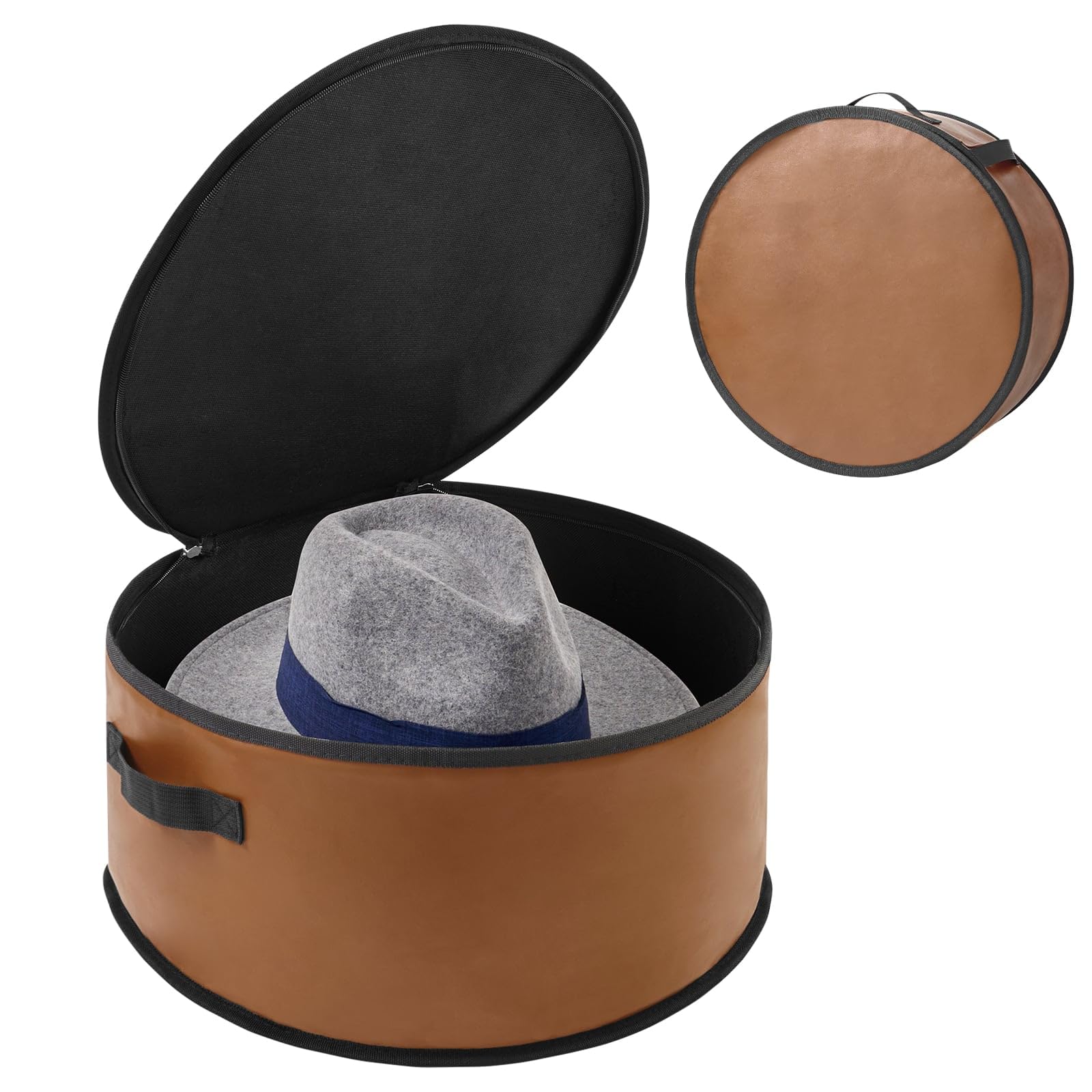 WERNNSAI Hat Box with Lid, Round Portable Hat Storage Cap Organiser for Hats Toys Clothes, Men Women Faux Leather Travel Case with Bottom Elastic Straps