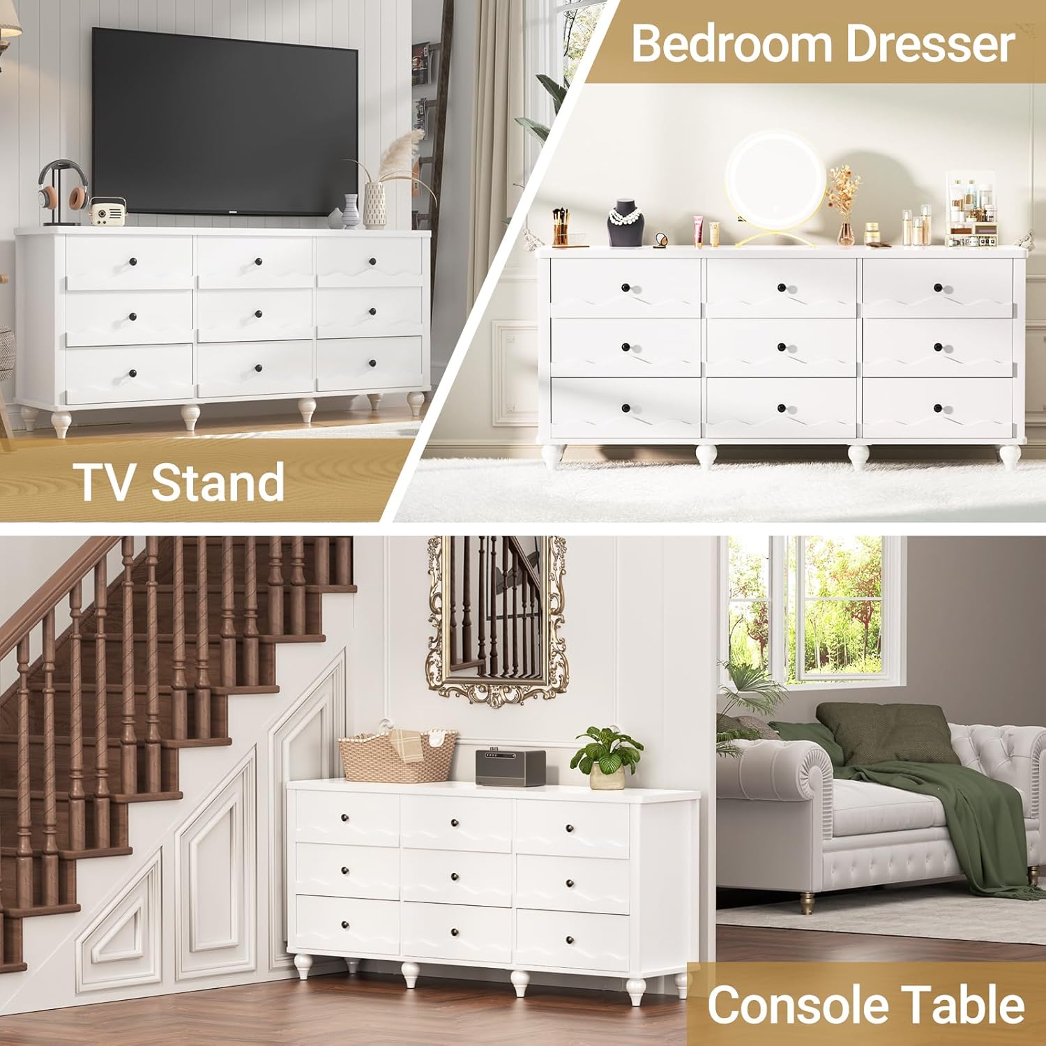 Cyclysio 9 Drawer Dresser for Bedroom, Modern Wood Chest of Drawers with Scalloped Design and Gourd Feet, 63" Wide Dresser TV Stand for Living Room, Hallway, Bedroom (White)