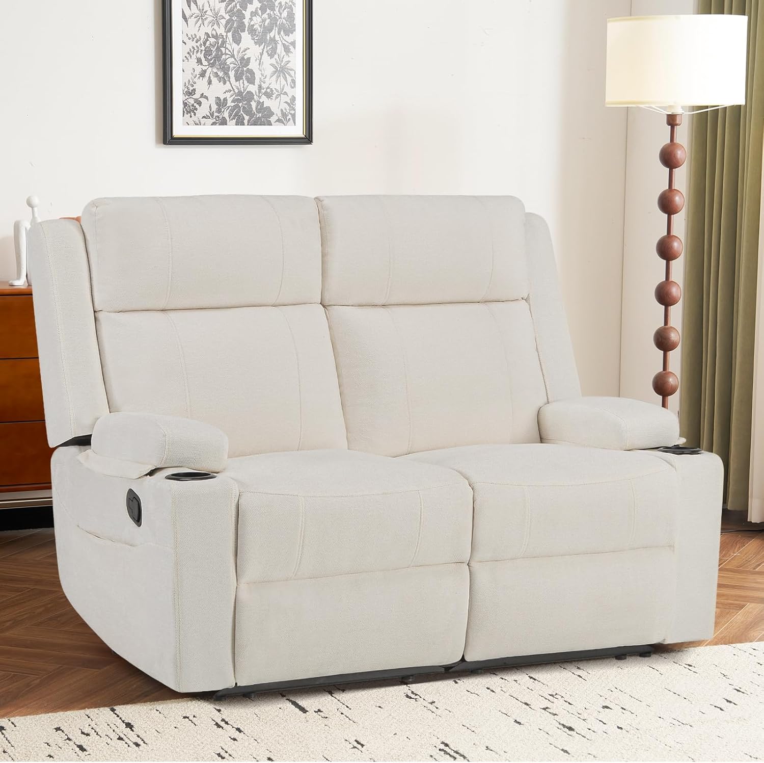 Manual Reclining Loveseat Sofa, 2-Seater Recliner Couch with Cup Holders, Fabric Reclining Sofa for Living Room/RV (Cream)