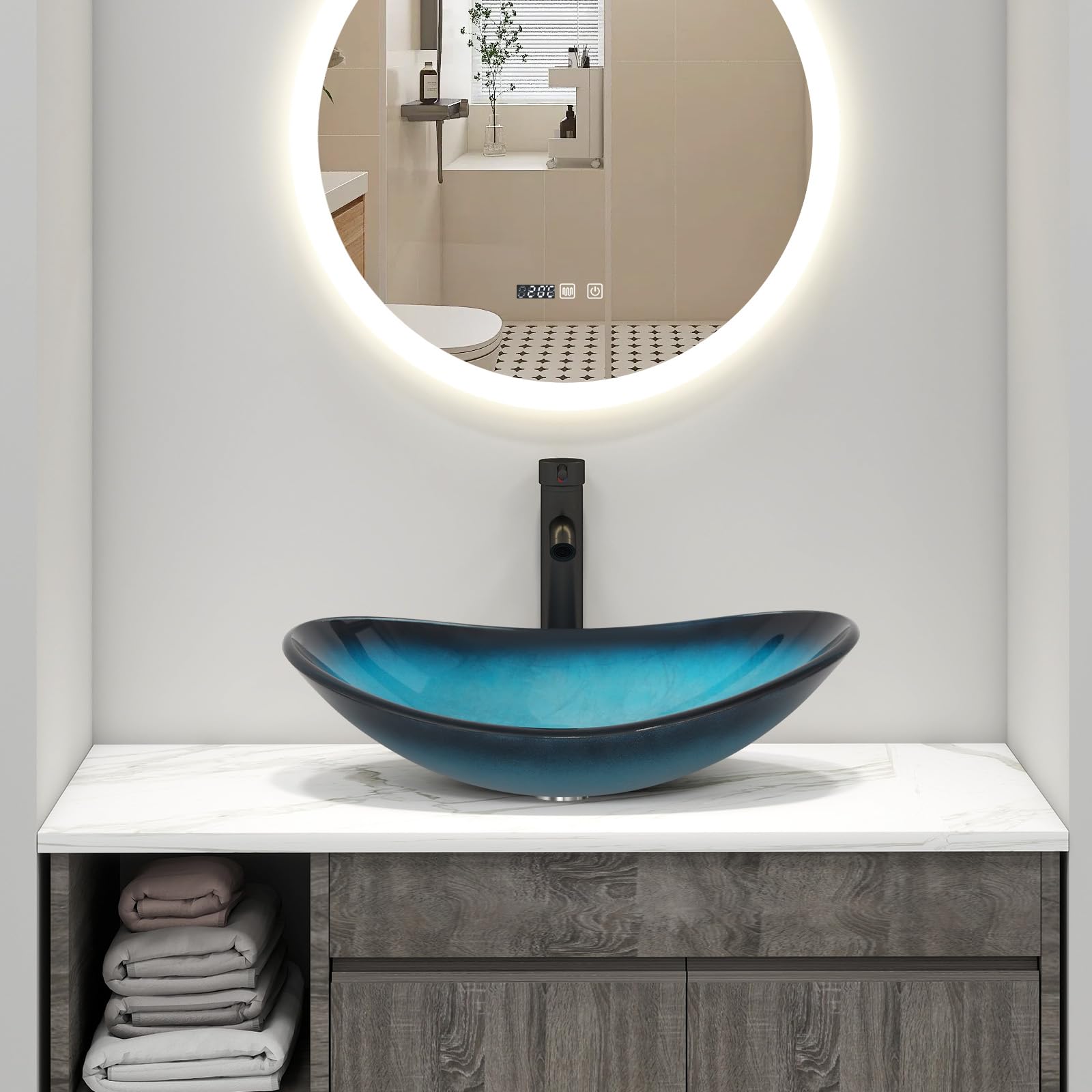 YU YUSING Ensemble Complet- Lavabo Ovale en Verre avec Robinet, Vasque à Poser, Lave-Mains, pour Salle de Bain, Cuisine, WC d'invités, Bleu Moderne, 53 x 35 x 16 cm