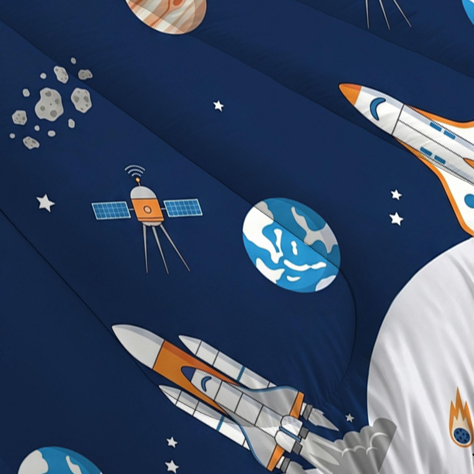 Piumino Letto Matrimoniale Base Satellitare Lunare 240X220 Cm Per 4 Stagioni, Piumone In Microfibra 200 G/M² Paesaggio Dell'Universo Cartoni Animati Invernale, Trapunta Morbida Traspirante, Blu Navy