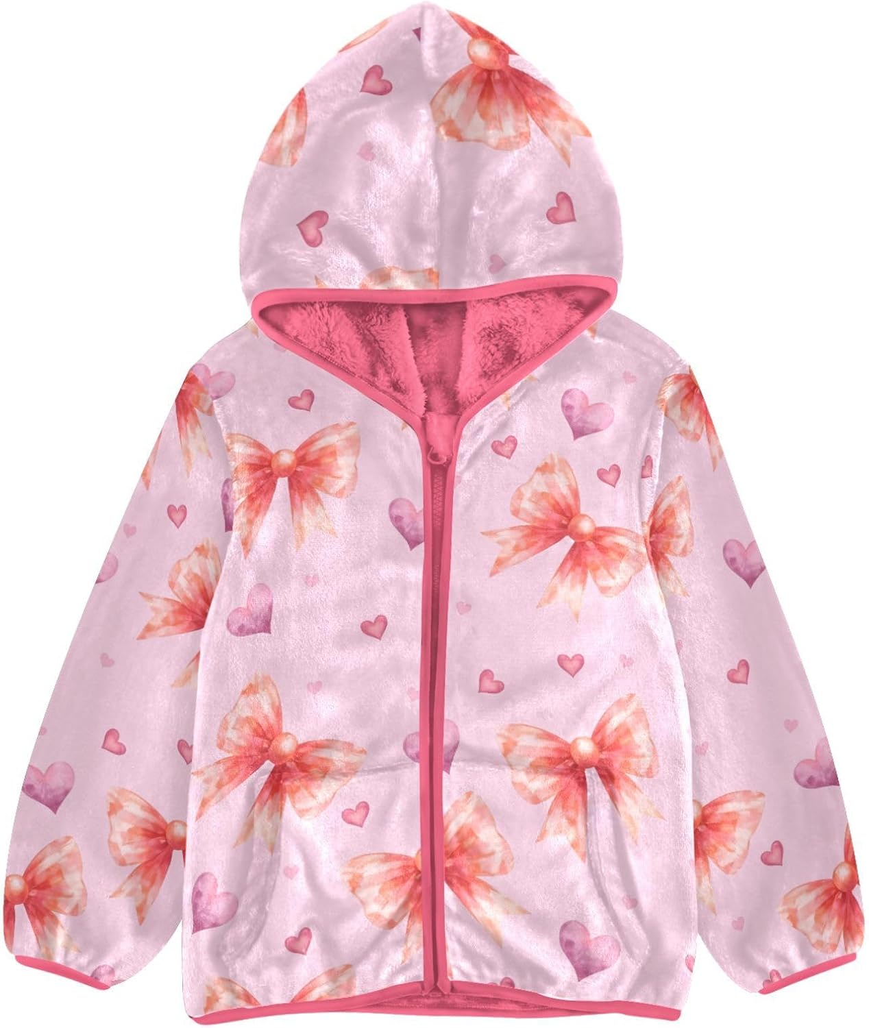 Girls Hoodie Outfit Red Bow Purple Hearts Pink Pattern Zipper Sweatshirt Coat Fleece Jacket for Kids 3-10T