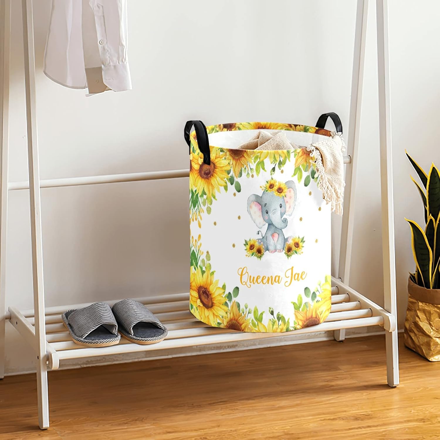 Cute Elephant Sunflower Storage Bin, Waterproof Oxford Fabric Clothes Basket Organizer for Laundry Hamper,Toy Bins,Gift Baskets, Bedroom, Clothes,Baby Nursery