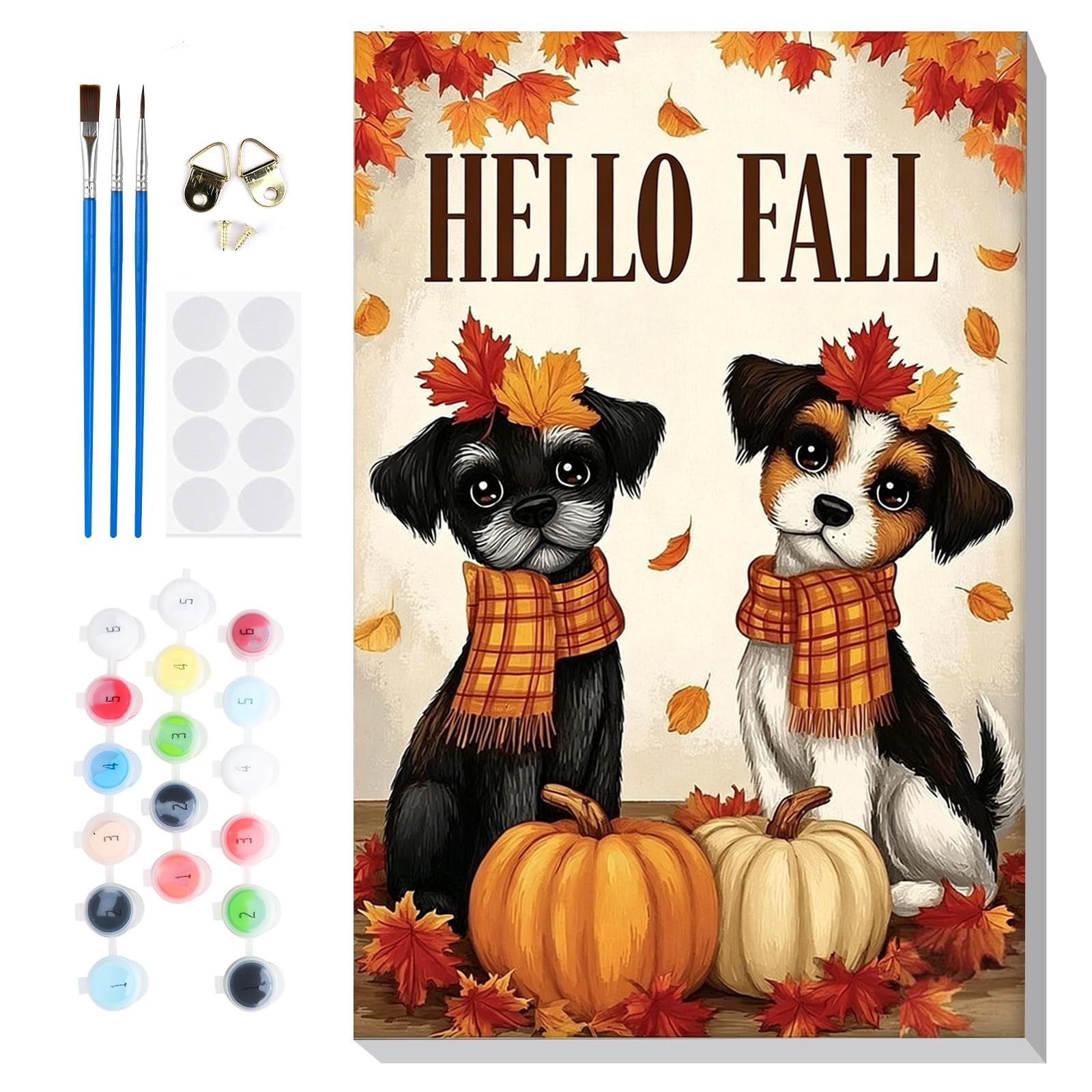 Lxmsja Hello Fall Dogs Framed Paint by Numbers for Adults Beginners, Autumn Painting by Numbers on Canvas, DIY Acrylic Fall Painting Art and Crafts Kit Gifts for Home Wall Decor, 8x12in