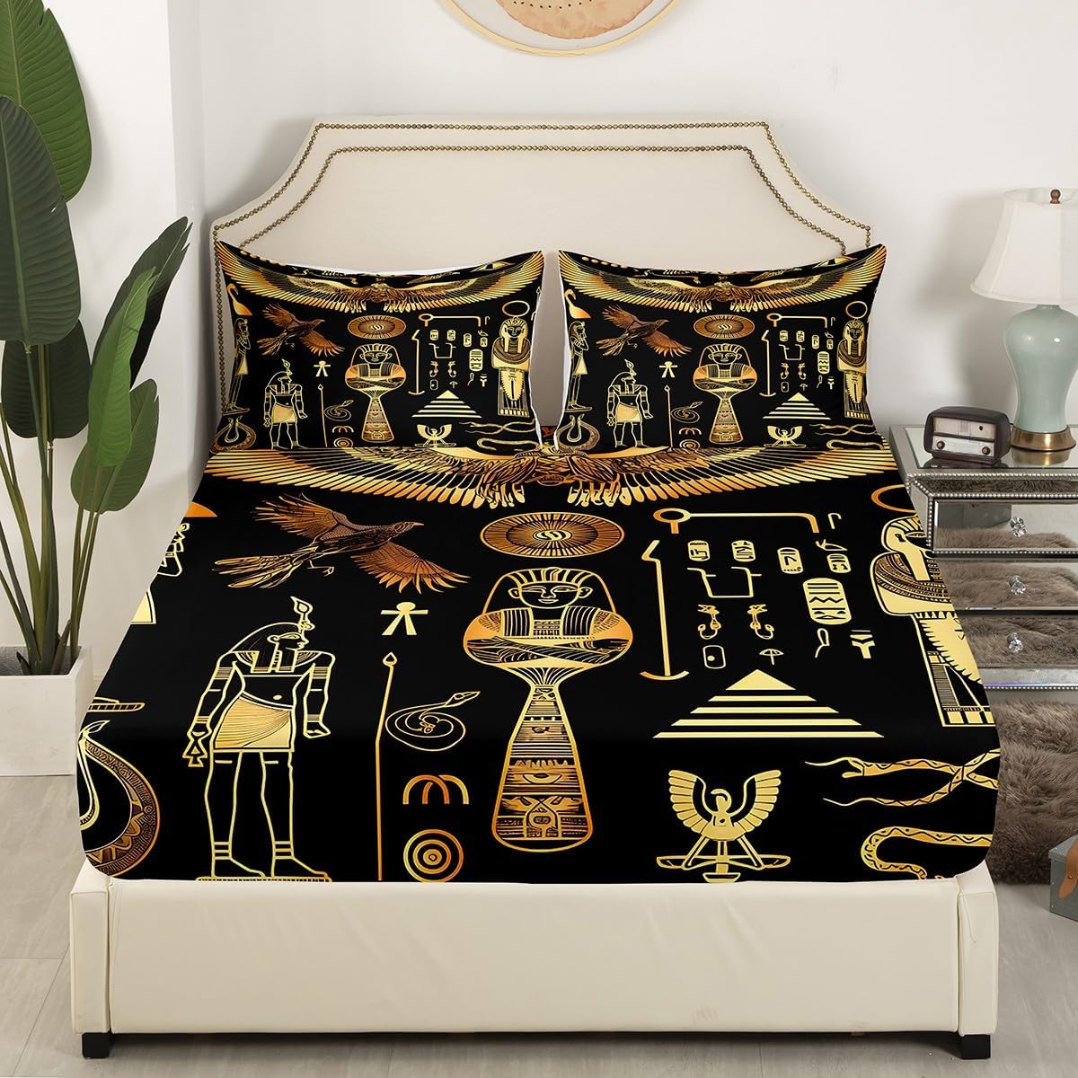 Feelyou Ancient Egypt Bed Sheet Set for Kids Boys Adults Egyptian Tribe Fitted Sheet Pyramid Printed Bedding Set Egypt Culture Bed Cover Bedroom Decor 3Pcs Sheets Queen Size Black Golden