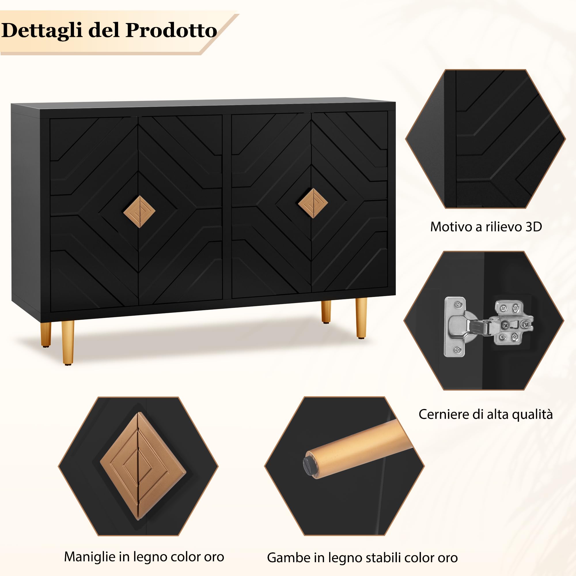 HOLTICO Credenza Moderna con 4 Ante, Armadietto con Design a Rilievo Geometrico, Mobile Multifunzione per Soggiorno, Cucina e Camera da Letto, 4 Colorazioni Esclusive, Nero Scuro