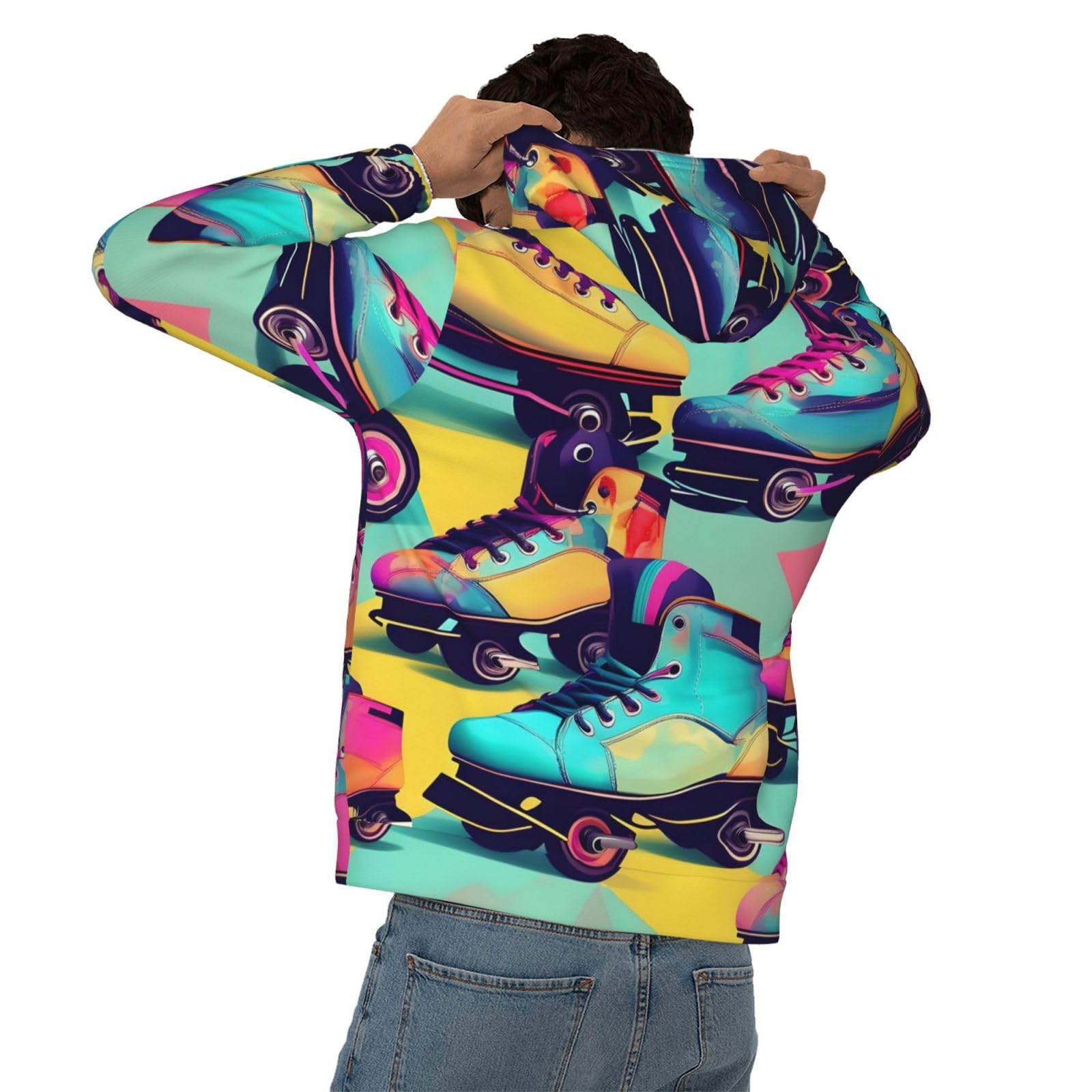 Męska bluza z kapturem w stylu retro z kolorowym nadrukiem, casualowa grafika z nadrukiem bluzy z kapturem z kieszenią