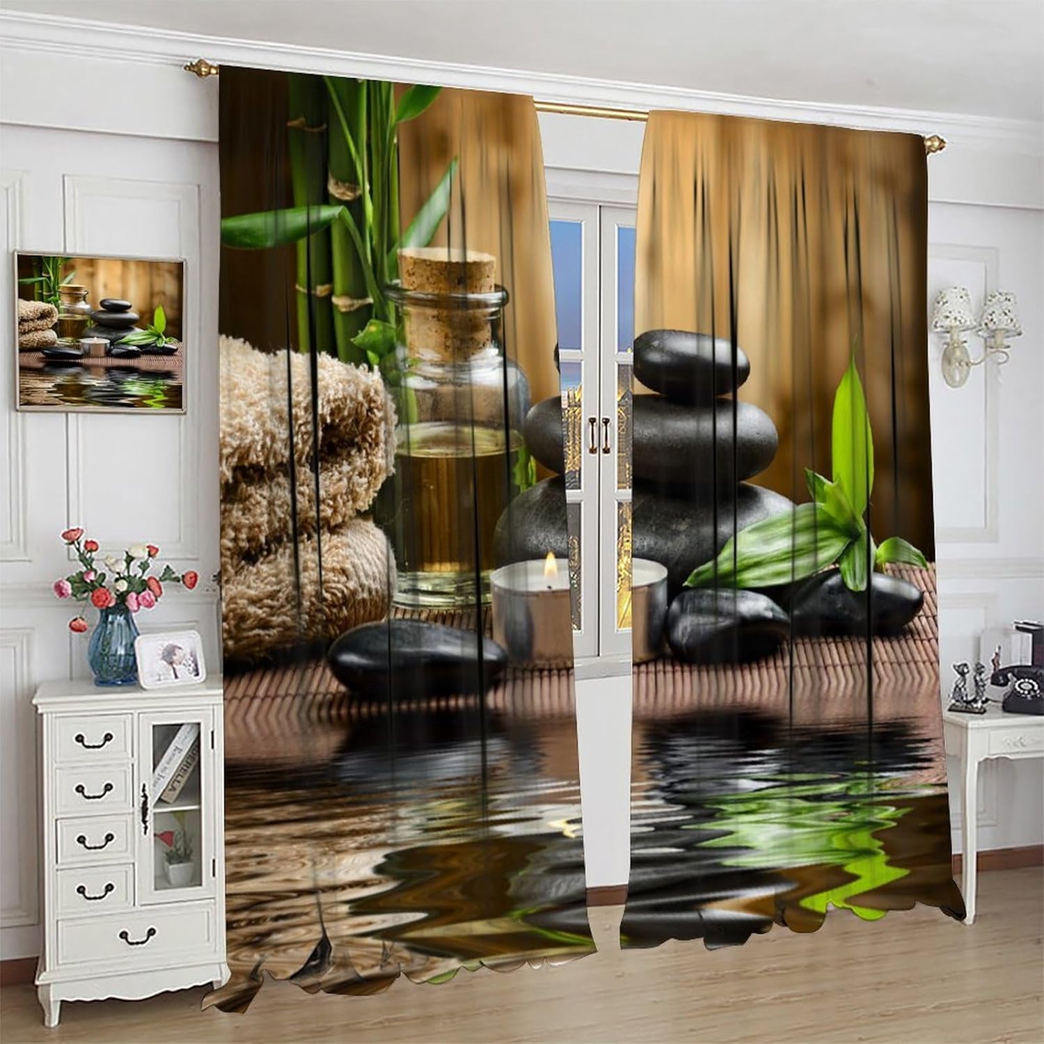 Zen Stone Curtains, Meditation Spa Relaxation Theme Brown Wooden Cabin Natural View Bamboo Candle Reflection in Water, Blackout Rod Pocket Window Treatments for Living Room Bedroom Bathroom 42x45in