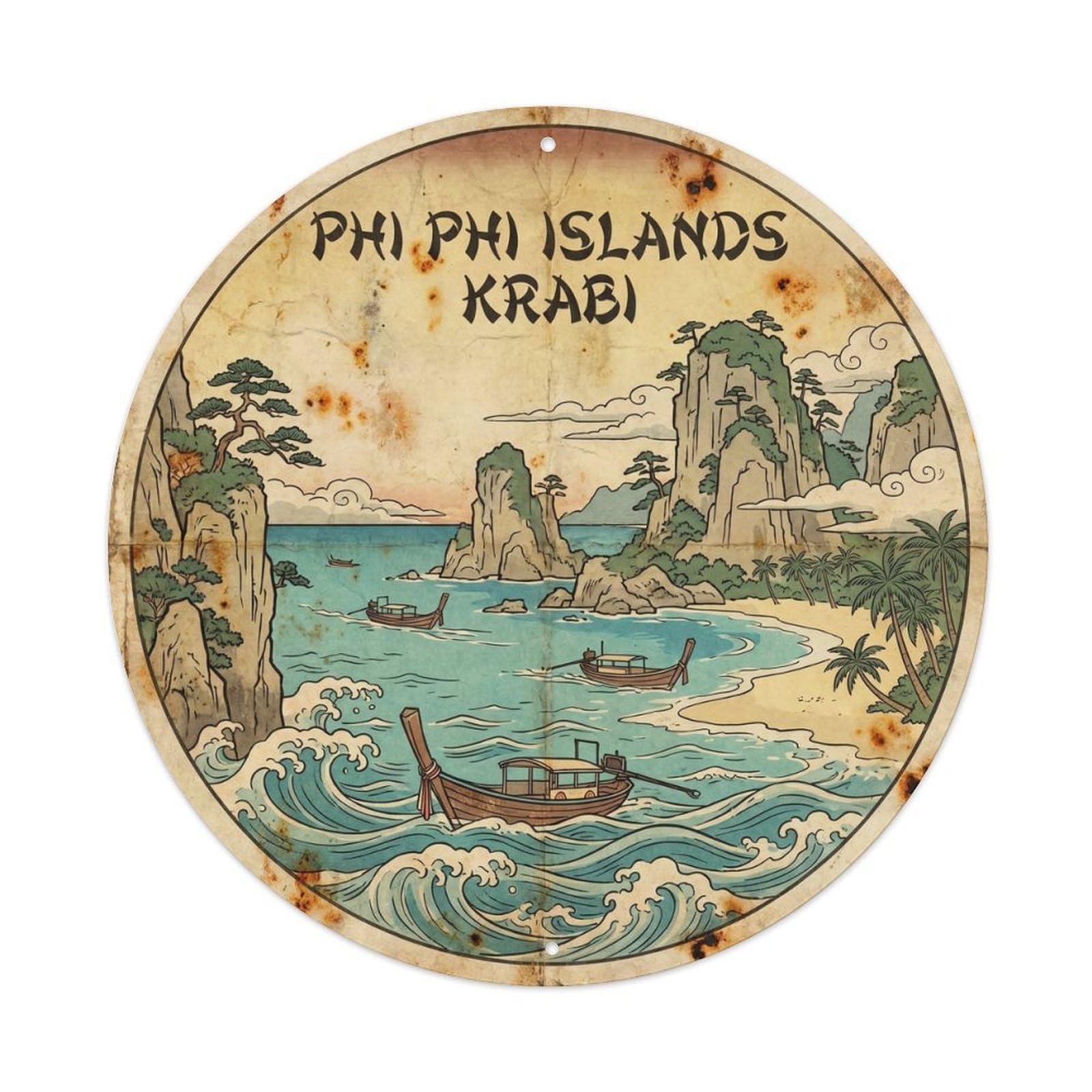 Phi Island Krabi Resort Ink Illustration Metal Tin Sign