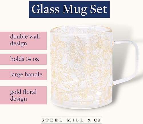 Miniatura 6 de Steel Mill & Co - Tazas de café de doble pared, paquete de 2 tazas de café de vidrio, juego de tazas de vidrio de 14 onzas para café o té, tazas de