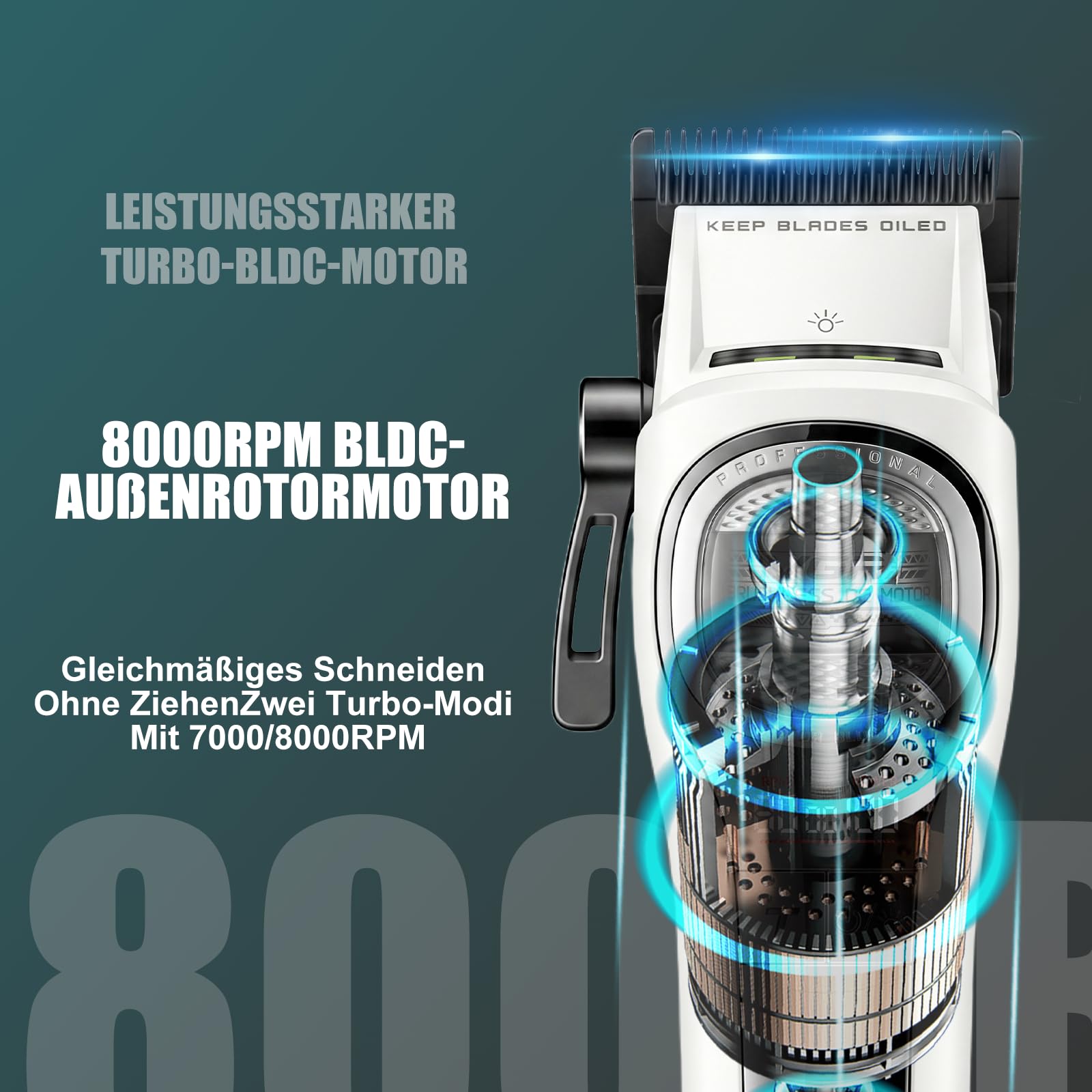 VGR 888C Haarschneidemaschine Profi Drahtlos, Clipper Haarschneider mit LED | Profi Haarschneidemaschine mit Turbolader, Hair Clipper mit Außenläufer BLDC Motor, Beleuchtung, Ladestation