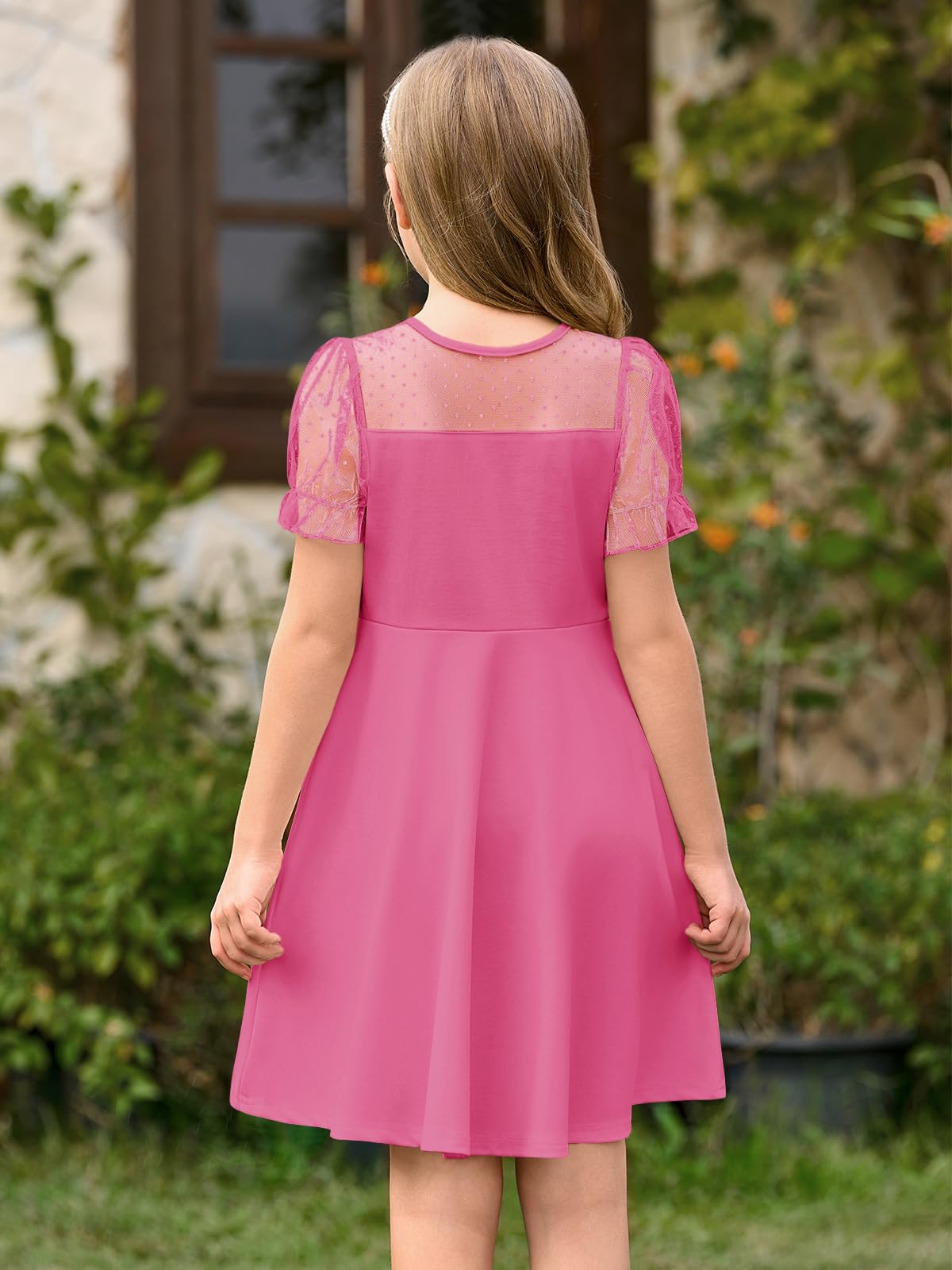 Haloumoning Vestito a maniche corte a sbuffo in rete a contrasto per ragazze a vita alta abiti casual con tasche 4-14 anni